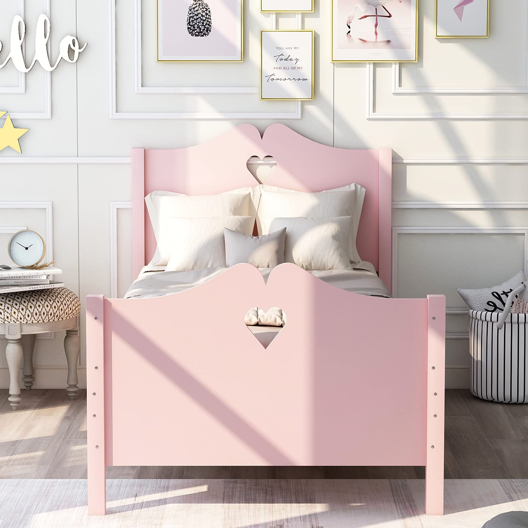 Merax Twin Bed Frame with Headboard and Footboard - Wooden Platform Bed for Kids, Guest Room & Girls Bedroom - Pink Twin Size Bed for Small Spaces, Dorm Rooms & Cozy Bedrooms