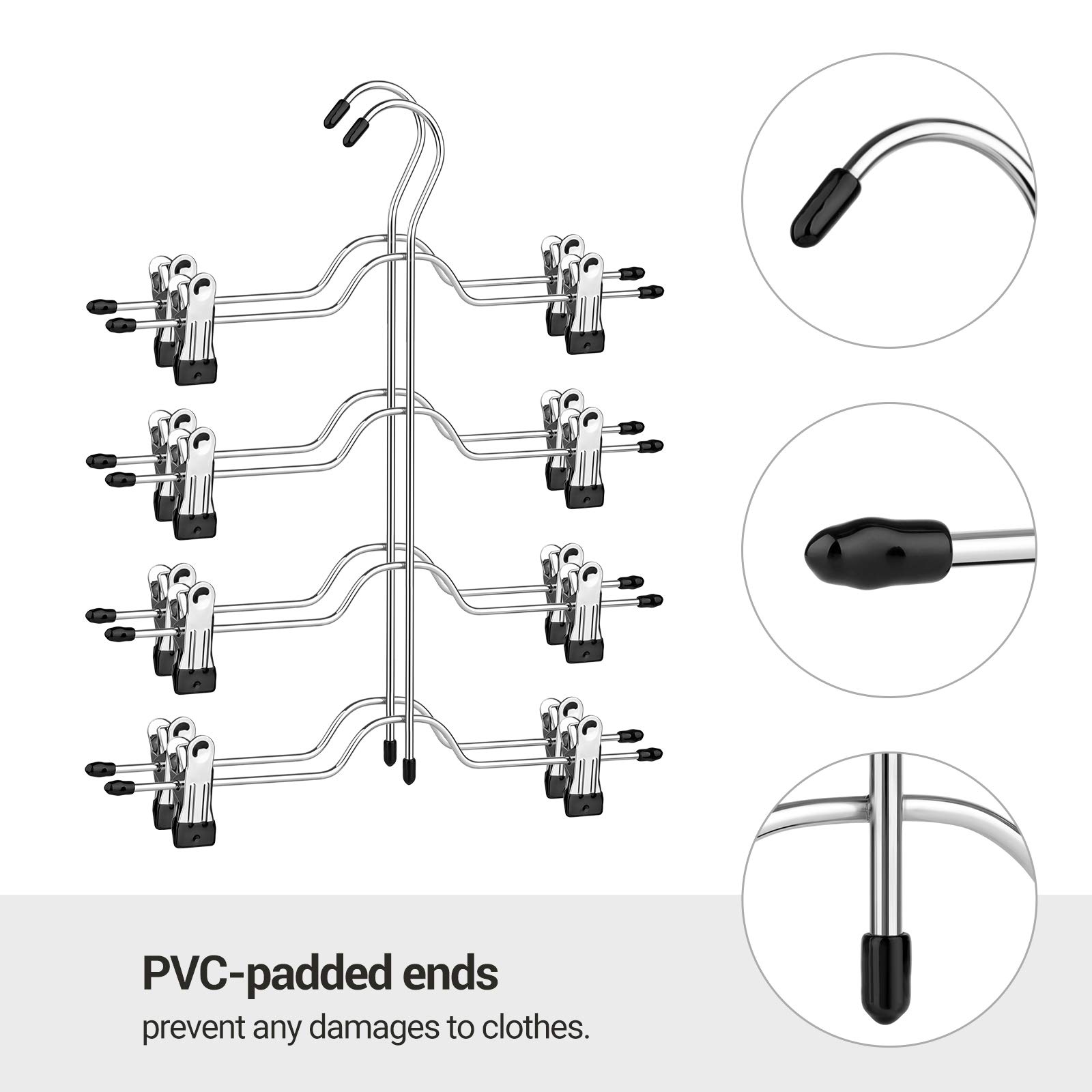 SONGMICS 4-Tier Space Saving Pants Hangers with Non-Slip Clips - Set of 3 Multi-Functional Skirt & Trouser Organizers for Closet Storage - Perfect for Wardrobe, Laundry Room, and Travel Packing (Silver, UCRI042BK)