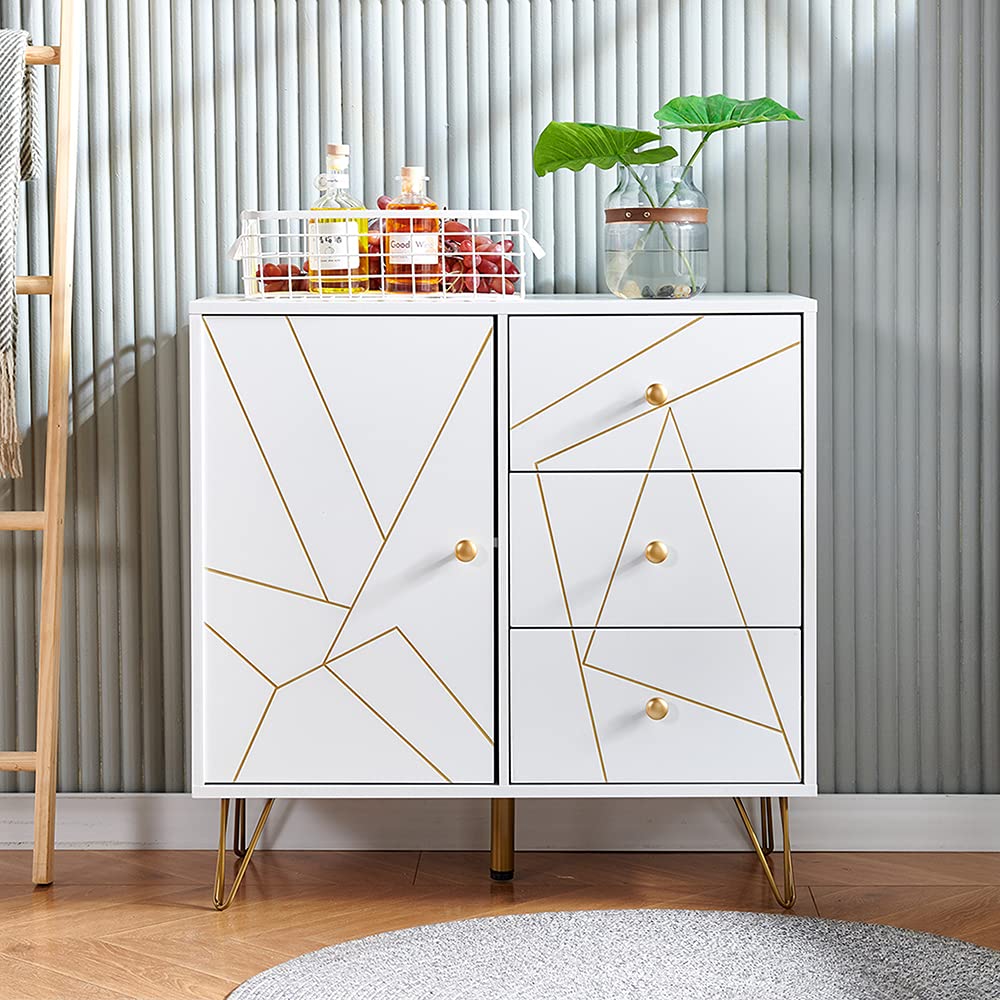 RVEE White Storage Cabinet with 1 Door & 3 Drawers - Sideboard Buffet Console Table for Kitchen, Living Room, Dining Room & Entryway - Perfect for Organizing Dishes, Linens & Home Decor
