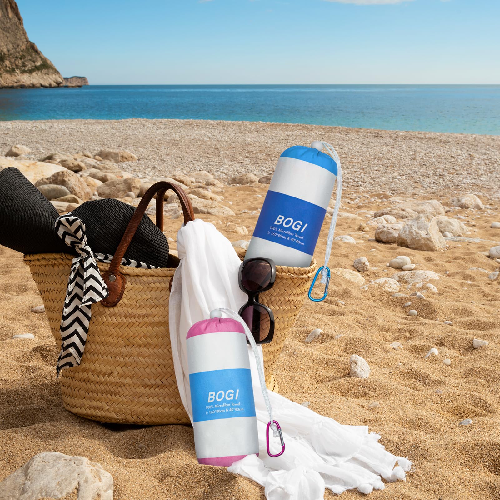 BOGI Quick Dry Microfiber Beach Towel Set - Lightweight, Absorbent & Sand Proof Oversized Travel Towels (Size L & XL) for Pool, Swim, Gym, Yoga, Vacation & Outdoor Activities