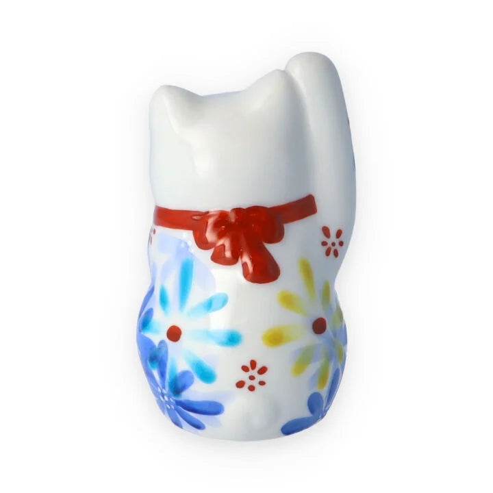 Authentic Kutani Yaki Japanese Maneki Neko Lucky Cat Figurine - Blue Floral Design | Handcrafted Ceramic Beckoning Cat for Home Decor, Office Feng Shui & Japanese Culture Enthusiasts