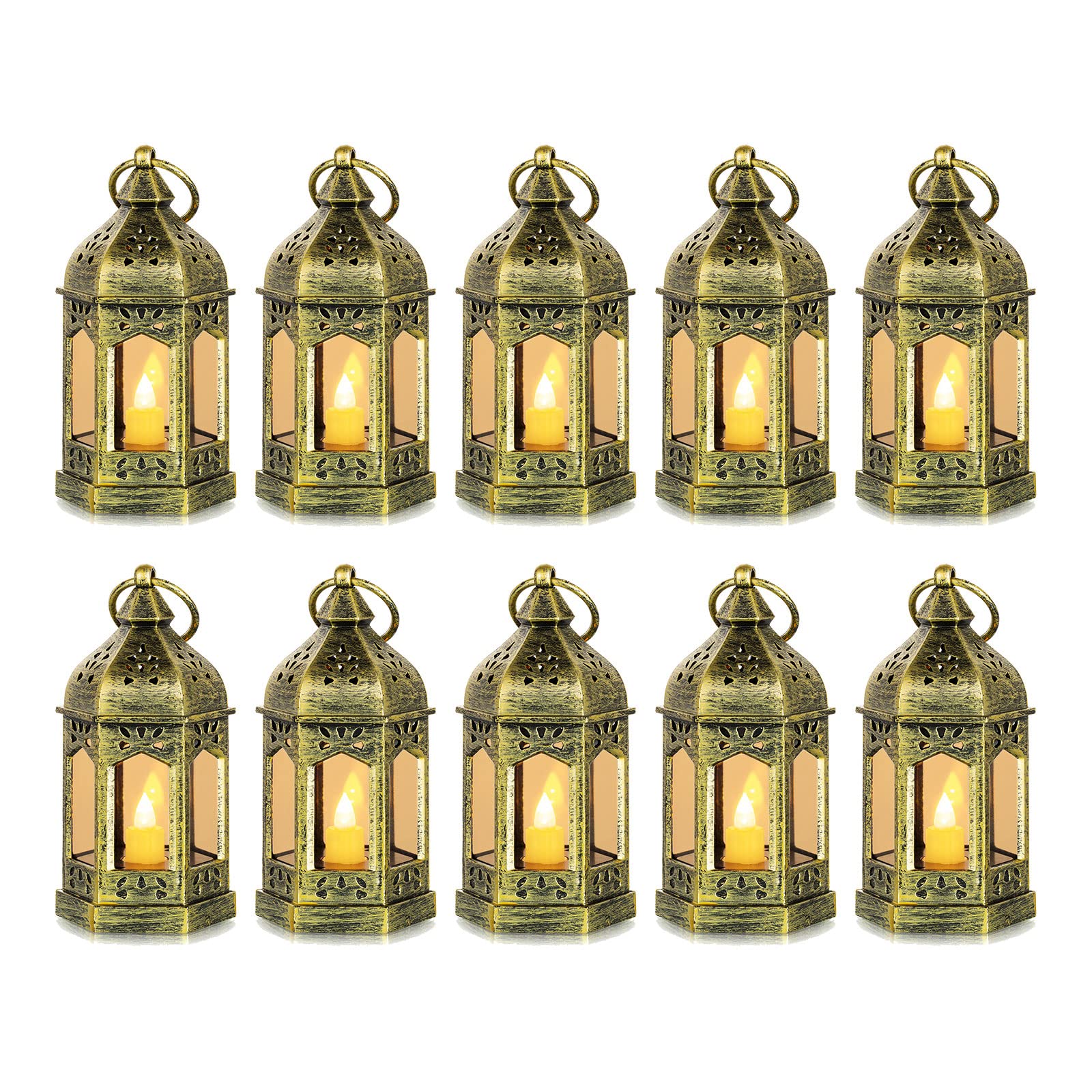 Romantic Mini Gold Lanterns with Flickering LED Candles - 10 Pack Hanging Decorative Centerpieces for Weddings, Parties, Christmas & Halloween Decor - Battery Included - Perfect for Table Settings, Garden Lighting and Indoor Ambiance