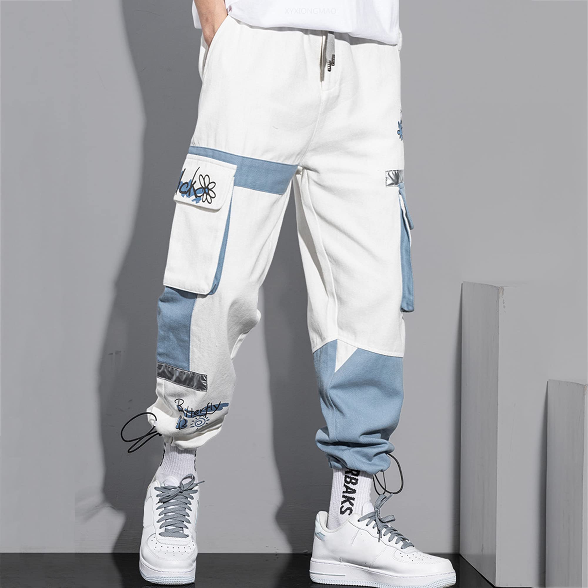 XYXIONGMAO Men's Techwear Overalls - Streetwear Cargo Jogger Pants for Hip Hop & Urban Fashion | White Tactical Sweatpants with Harem Style | Perfect for Casual Wear, Workout & Street Style Outfits
