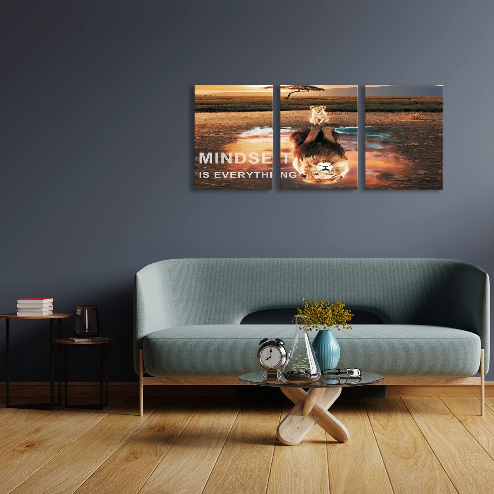 Mindset Is Everything - Motivational Lion Canvas Wall Art Set of 3, Inspirational Quote Paintings for Office & Bedroom Decor - Perfect for Home, Office & Gift Giving