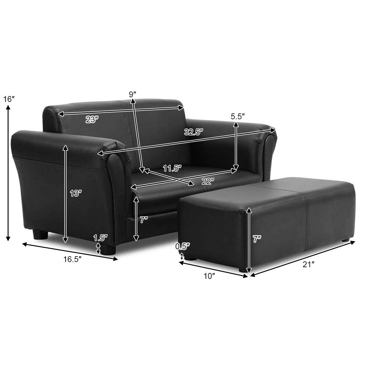 Costzon 2-in-1 Kids Couch with Footstool - Double Seat Children's Sofa with PU Leather Surface, Armrest Chair Lounge - Soft Toddler Sofa for Boys & Girls - Perfect for Preschool Bedroom, Playroom & Birthday Gifts (Black)