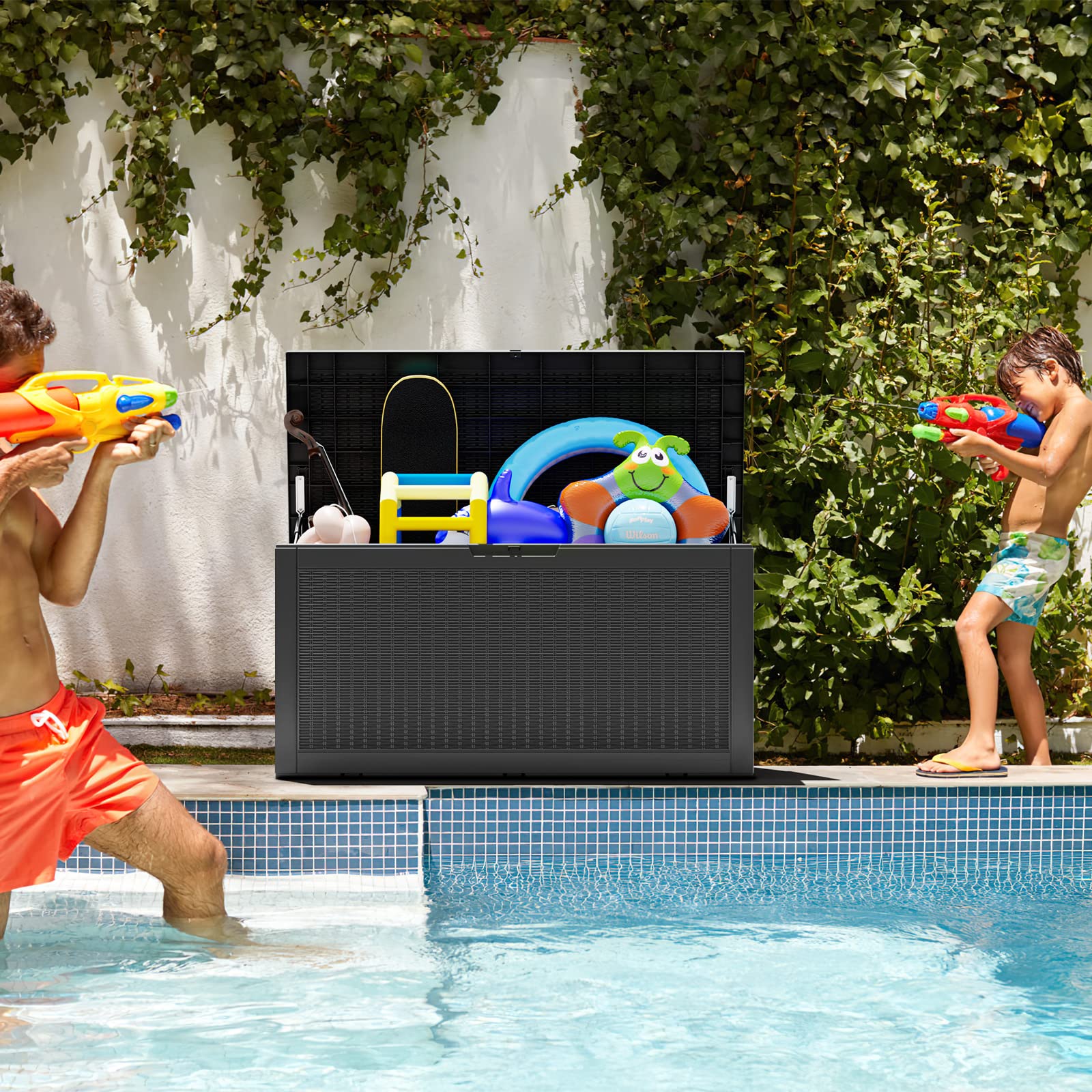 Vixzen 100 Gallon Resin Deck Box - Lockable Outdoor Storage Container for Patio Cushions, Garden Tools & Pool Supplies | Weatherproof & UV Resistant Deck Storage Box | Perfect for Backyard, Patio & Poolside Organization (Black)