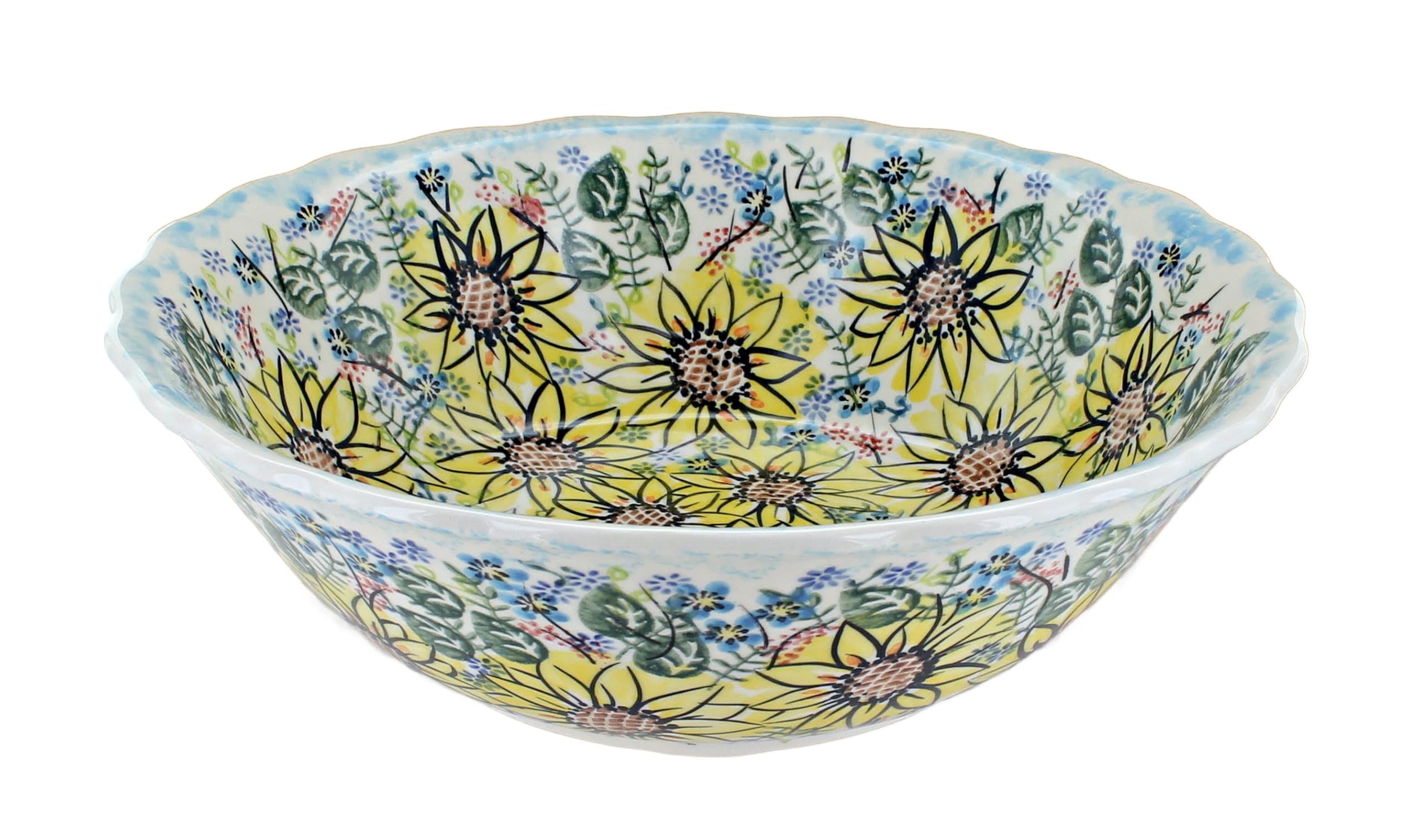 Handmade Blue Rose Polish Pottery Sunflower Maze Large Serving Bowl – Perfect for Entertaining, Dining, and Home Decor