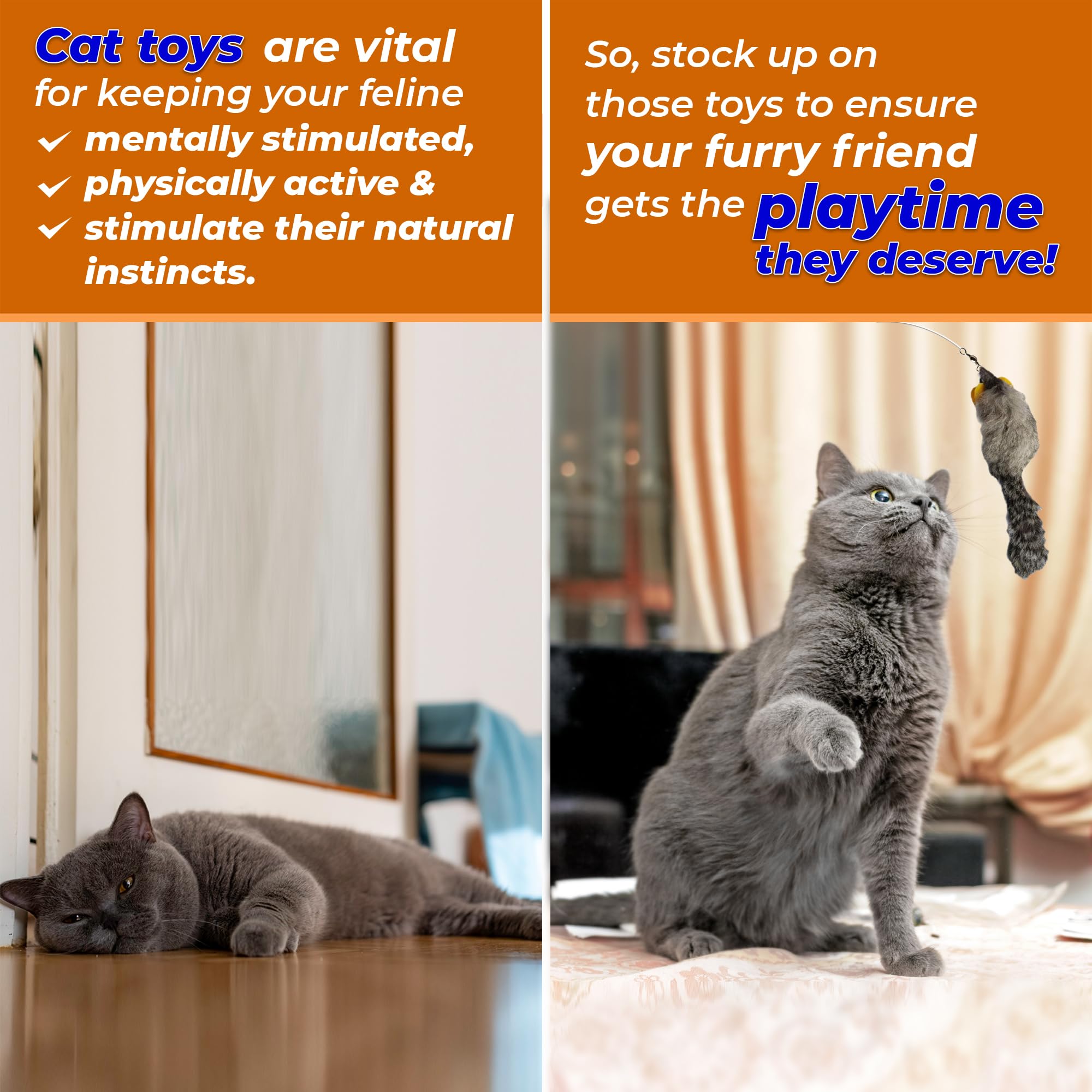 Realistic Rabbit Fur Cat Toy Wand with Bell - Interactive Cat Entertainment Toy for Indoor Play, Hunting Simulation & Exercise - Gray White 2 Inch Furry Mouse for Kittens & Adult Cats
