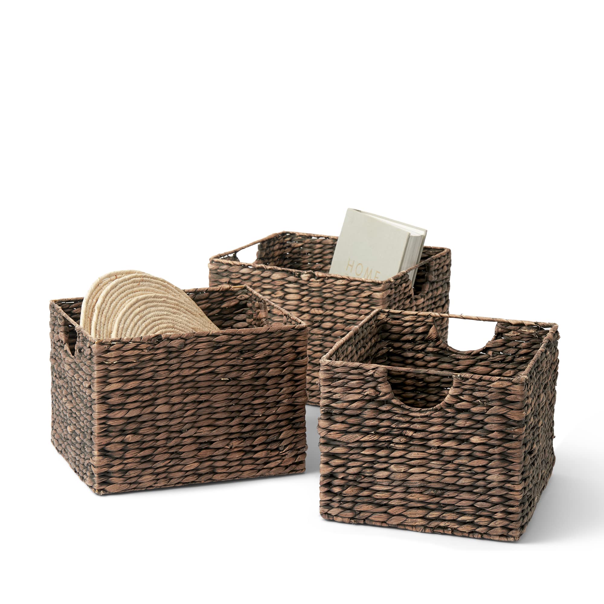 Artera Wicker Cube Storage Baskets - Set of 3, Natural Woven Shelf Organizer Bins with Handles for Pantry, Living Room, Bedroom & Bathroom - Under Shelf Basket for Home Organization - 13
