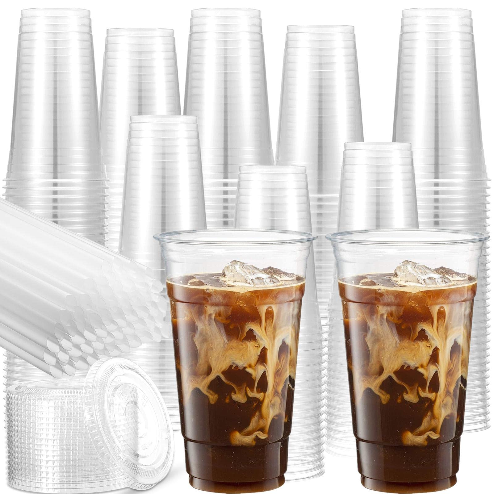 300 Pcs 32 oz Clear Plastic Cups with Lids & Straws - Disposable Coffee Cups with Flat Lids & Straw Slot - Perfect for Iced Cold Drinks, Bubble Tea, Smoothies, and Party Beverages