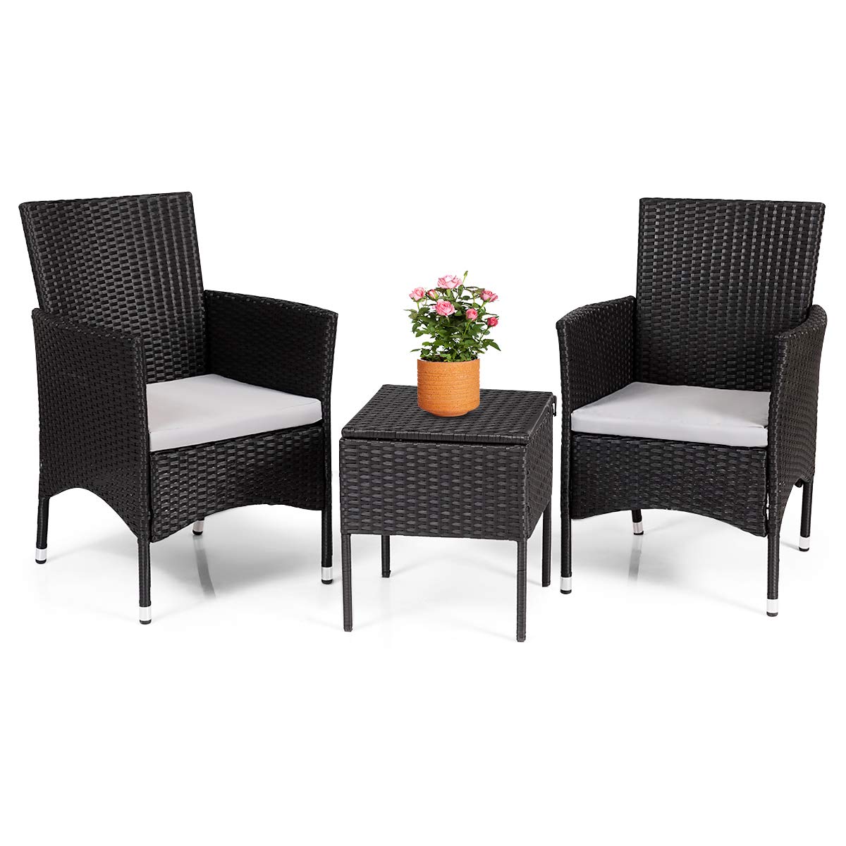2PCS Modern Patio Rattan Chairs Set with Removable Cushions - Outdoor Wicker Armchairs for Garden, Balcony, Poolside - Durable Black Rattan Furniture for Relaxing & Entertaining