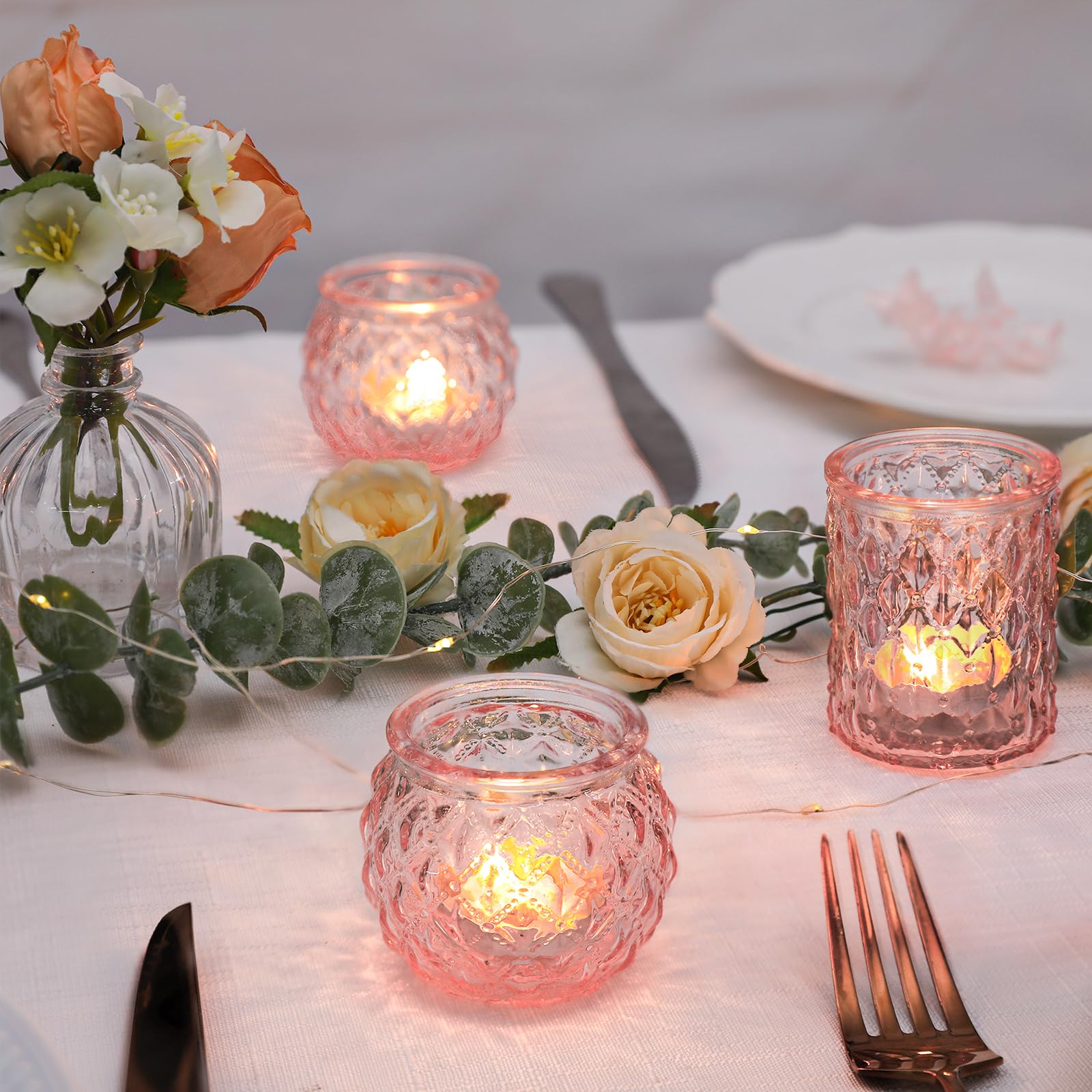 24-Pack Pink Glass Votive Candle Holders - Round Flameless LED Tea Light Holders for Weddings, Parties, Home Decor - Perfect for Romantic Centerpieces, Table Settings & Holiday Decorations