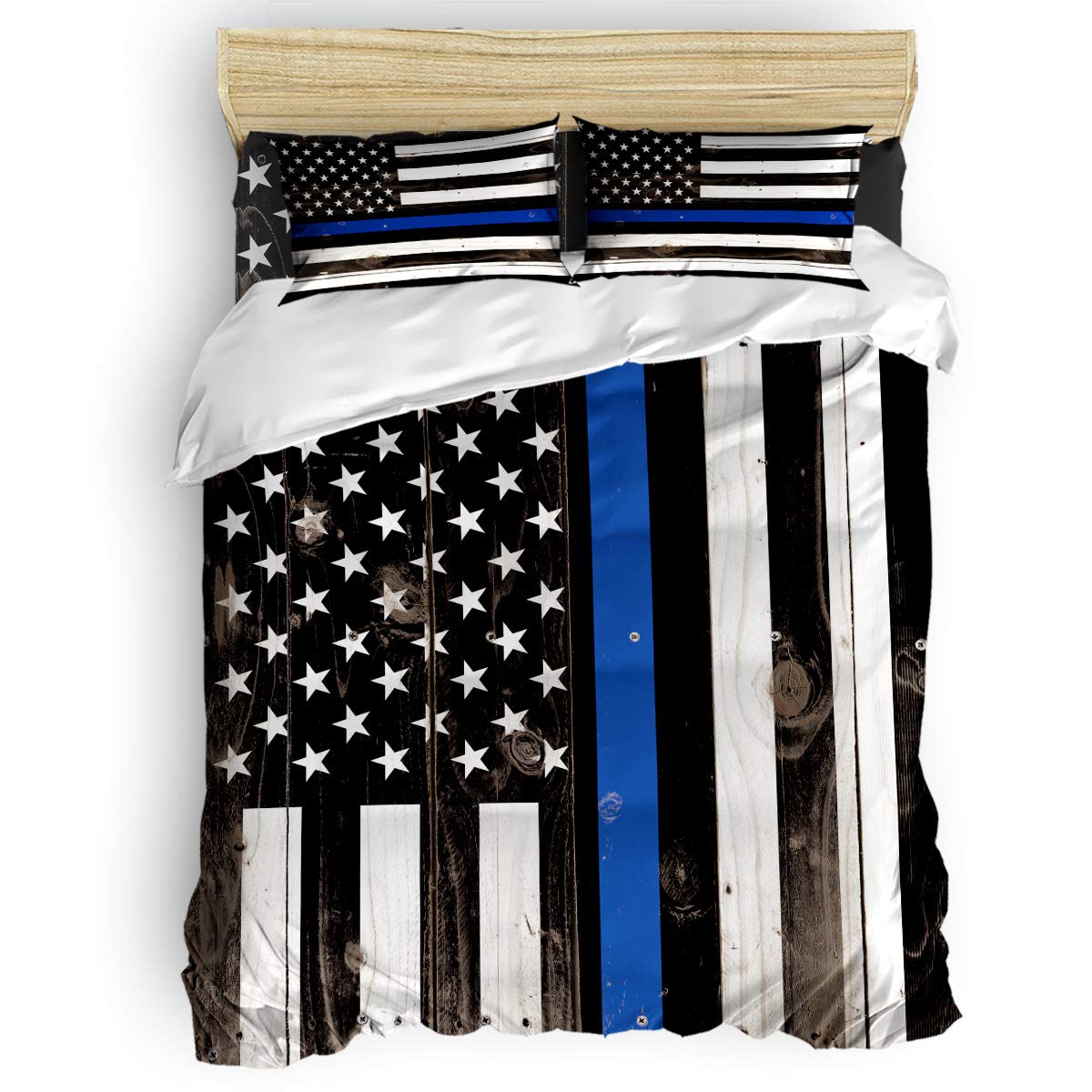 4-Piece Thin Blue Line USA Flag Bedding Set - California King Size Duvet Cover, Sheets & Pillowcases for Kids, Teens & Adults | Patriotic Home Decor for Bedrooms, Dorms & Guest Rooms