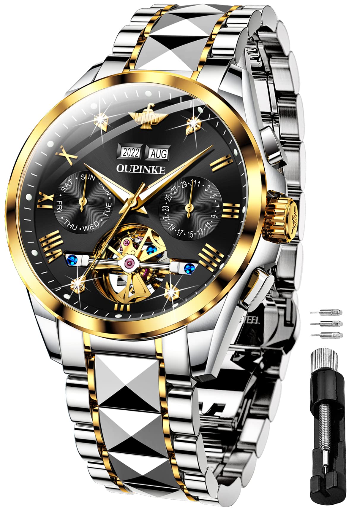 OUPINKE Men's Automatic Mechanical Watch - Luxury Dress Watch with Tungsten Steel Band, Luminous Hands, Waterproof, Sapphire Crystal, Diamond Accents & Calendar - Perfect Gift for Men - Ideal for Business, Formal Events & Everyday Wear