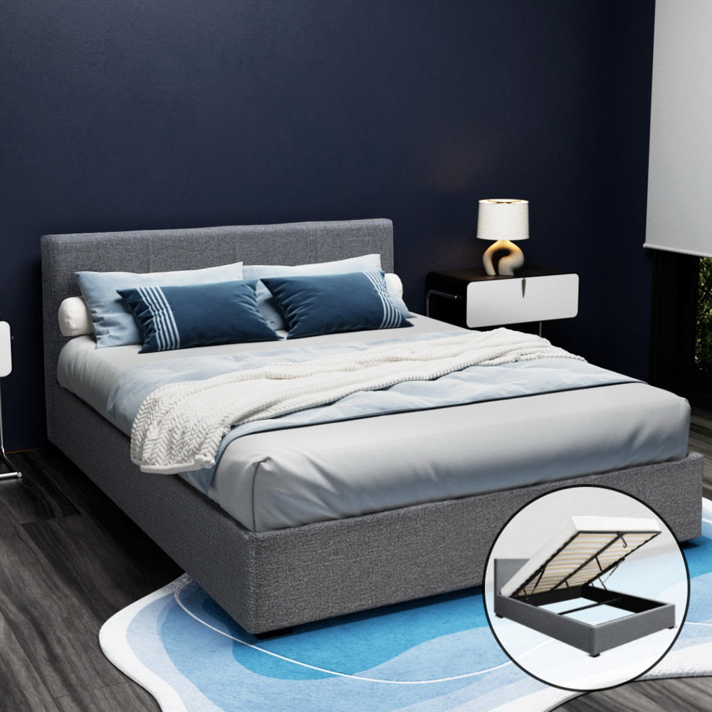 Elwood Grey Queen Size Gas Lift Storage Bed Frame with Hydraulic Mechanism - Perfect for Small Bedrooms, Guest Rooms & Space-Saving Home Decor