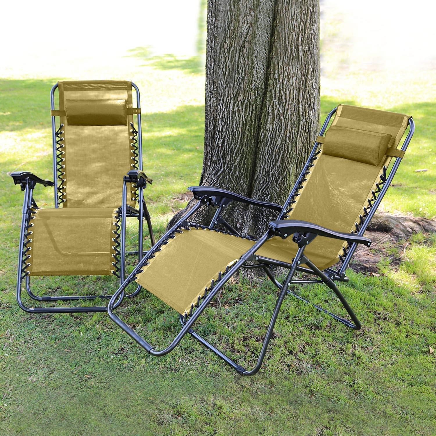 iMounTEK Set of 2 Adjustable Zero-Gravity Reclining Outdoor Lounge Chairs with Pillows & Cup Holder Side Tray - Supports 330lbs - Patio, Porch, Deck, Poolside, Beach, Lawn, Yard Furniture - Black/Blue/Brown/Tan - Perfect for Relaxing, Sunbathing & Outdoor Lounging