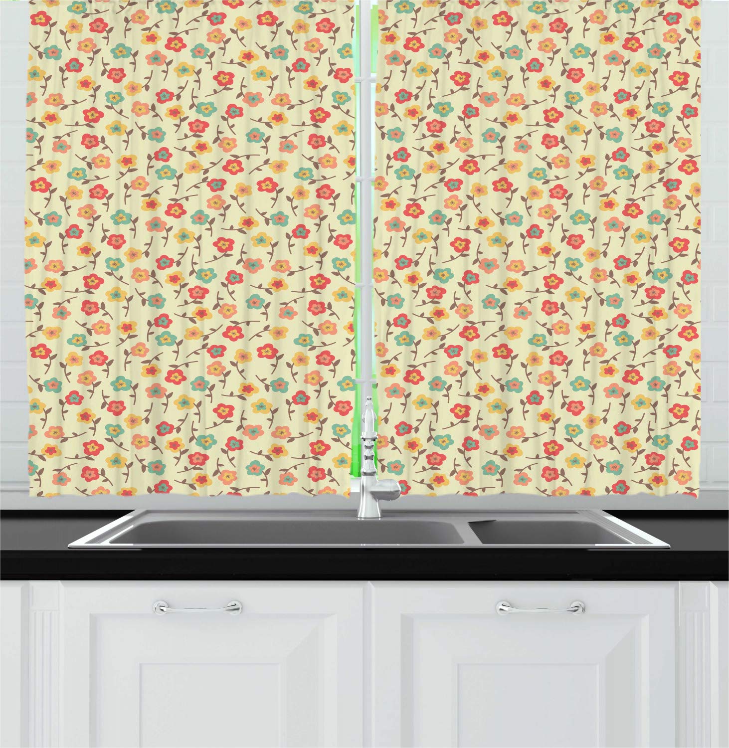 Lunarable Spring Kitchen Curtains - Pastel Cartoon Flower Petals Design, 2-Panel Window Drapes for Kitchen & Cafe Decor, 55x39 Inches (Eggshell/Multicolor) - Perfect for Farmhouse, Cottage & Boho Style Home Decor