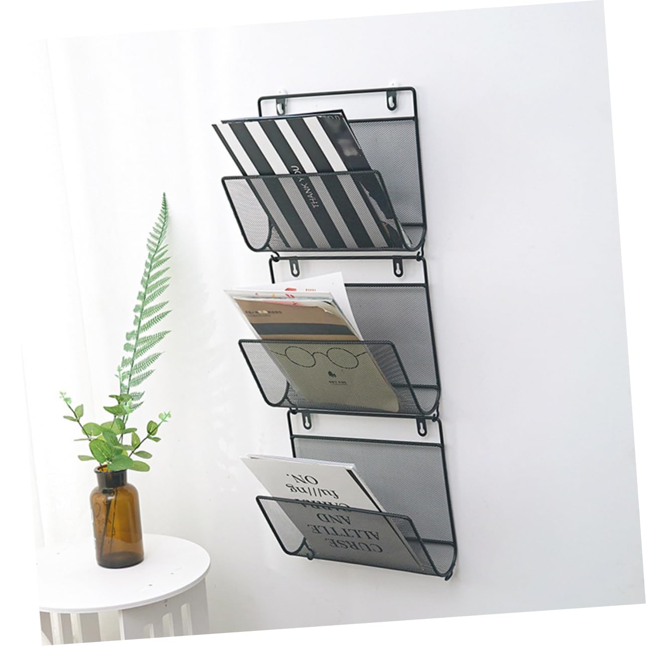 Nordic Style Wall Mounted Iron Mesh Magazine Rack with Hooks - Black Home Office Storage Shelf for Books, Albums & Organizing | Perfect for Living Room, Bedroom & Office Decor