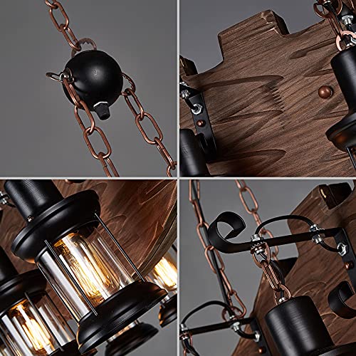 LITFAD 6-Light Wooden Fish Shaped Pendant Chandelier - Industrial Retro Coastal Style with Lantern Shade for Dining Room, Restaurant, Bar & Kitchen Island Lighting | Perfect for Coastal Decor, Farmhouse Dining, and Commercial Spaces