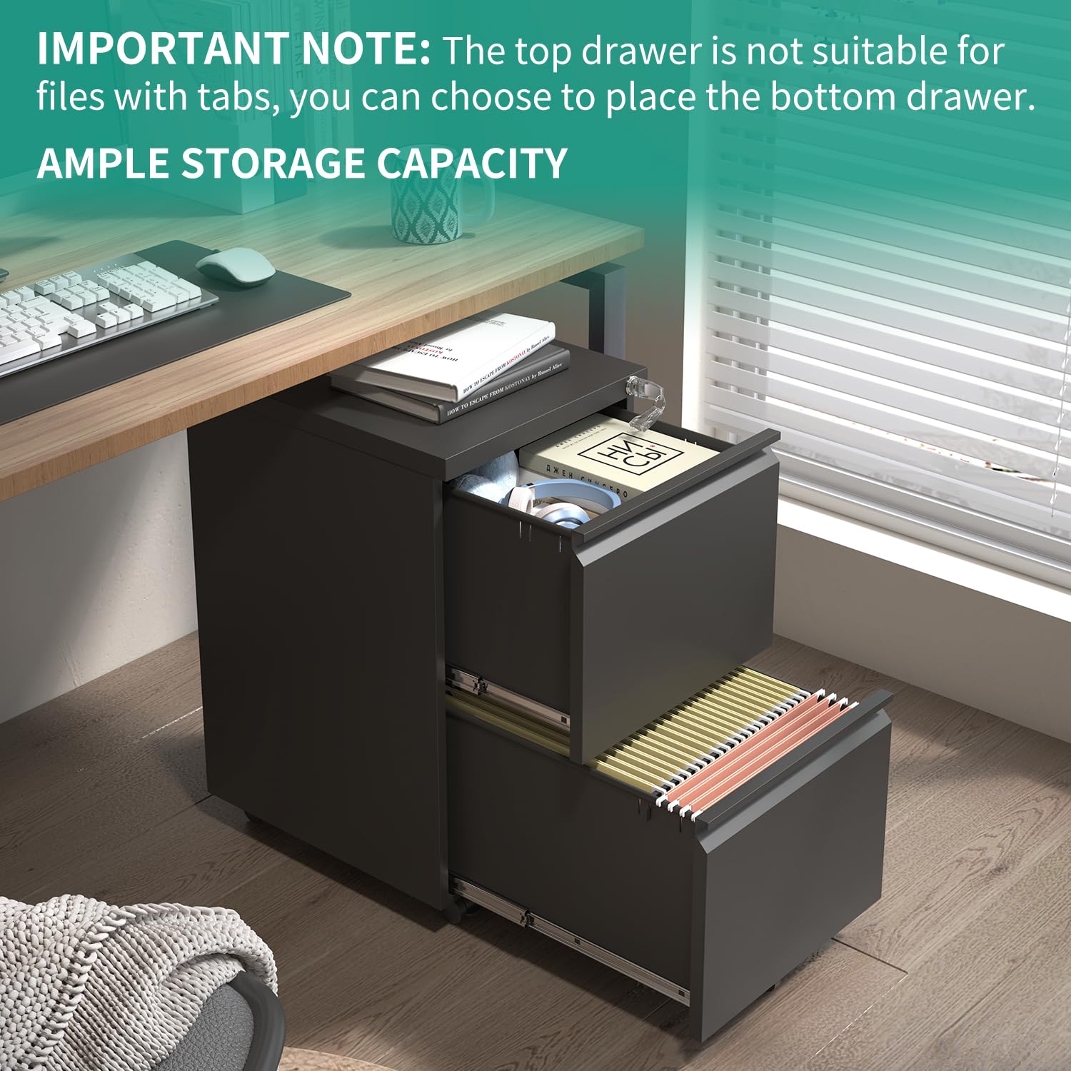 2 Drawer Mobile File Cabinet with Lock - Under Desk Metal Filing Cabinet for Home Office - Small Rolling Storage Organizer for Legal/Letter/A4 Documents - Fully Assembled (Black) - Perfect for Small Spaces & Office Organization