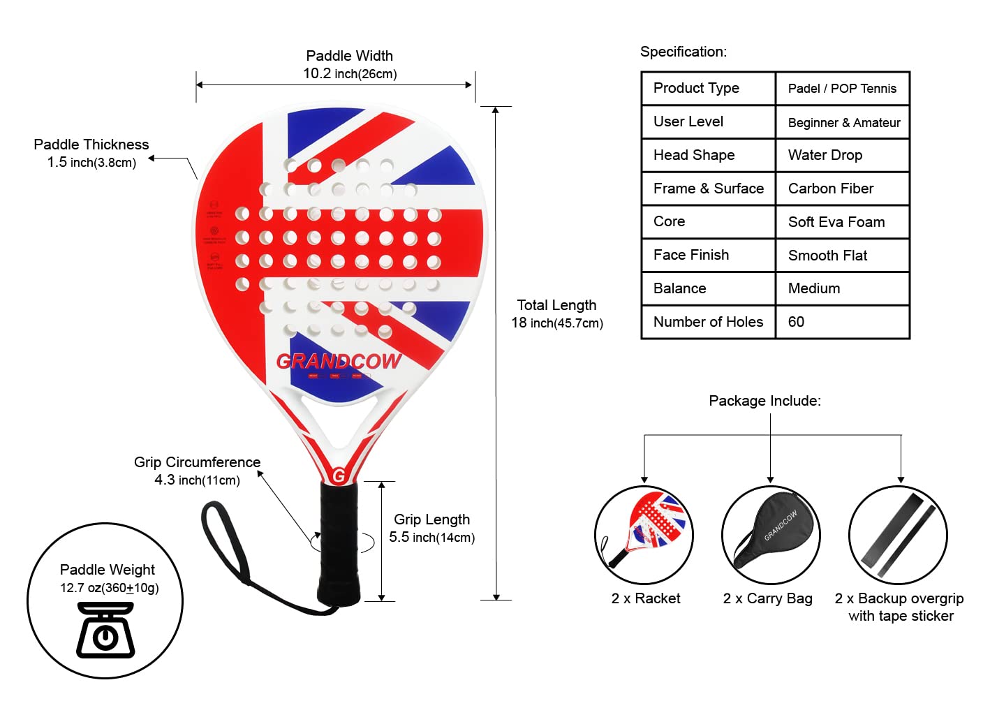 Premium Carbon Fiber Padel Racket - Lightweight Power Tennis Paddle for Paddleball | Perfect for Outdoor & Indoor Court Sports, Training & Competitive Play