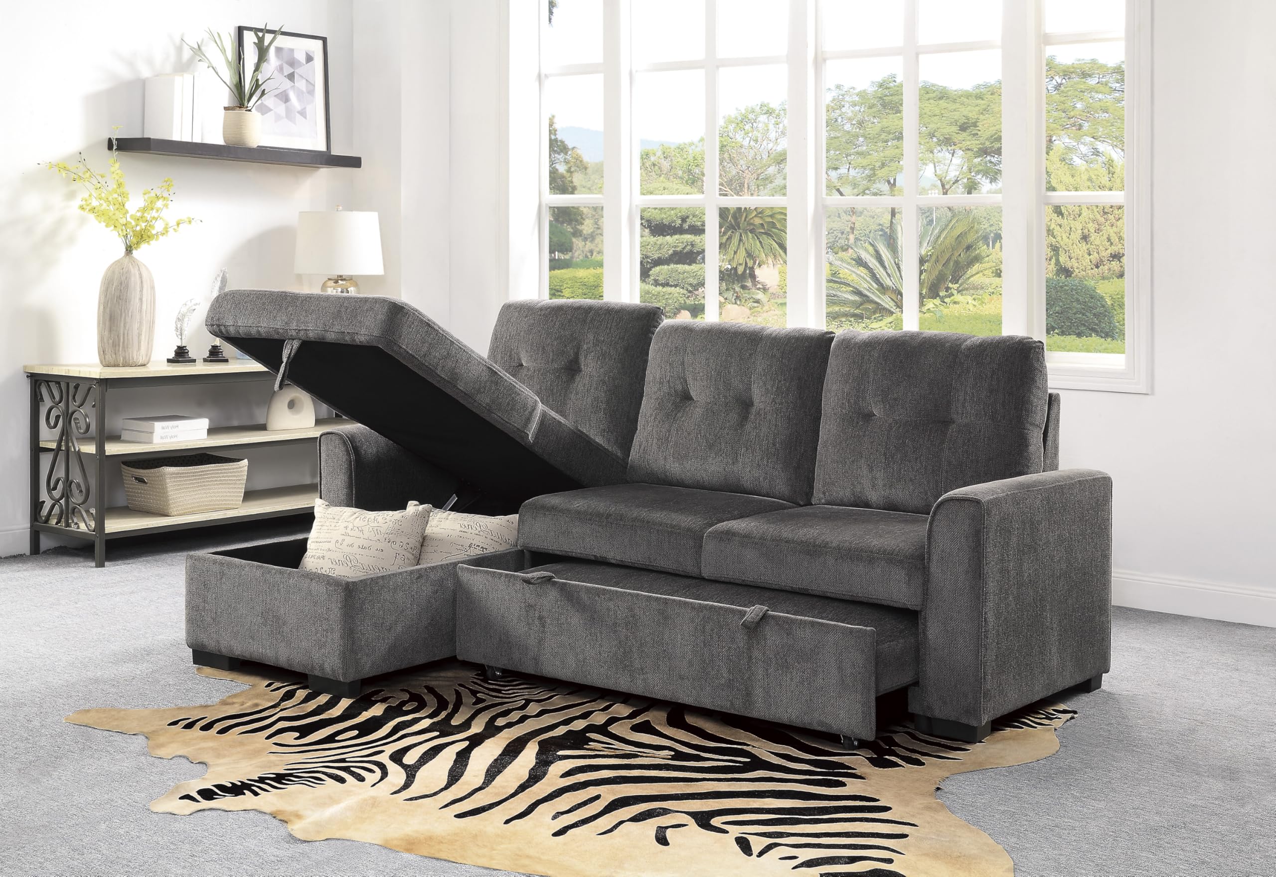 Lexicon L-Shaped Sectional Sofa Bed with Storage Chaise - Reversible Sleeper Couch for Living Room, Pull-Out Bed & Chaise Lounge - Perfect for Small Spaces, Guest Rooms & Apartment Living (Dark Gray)
