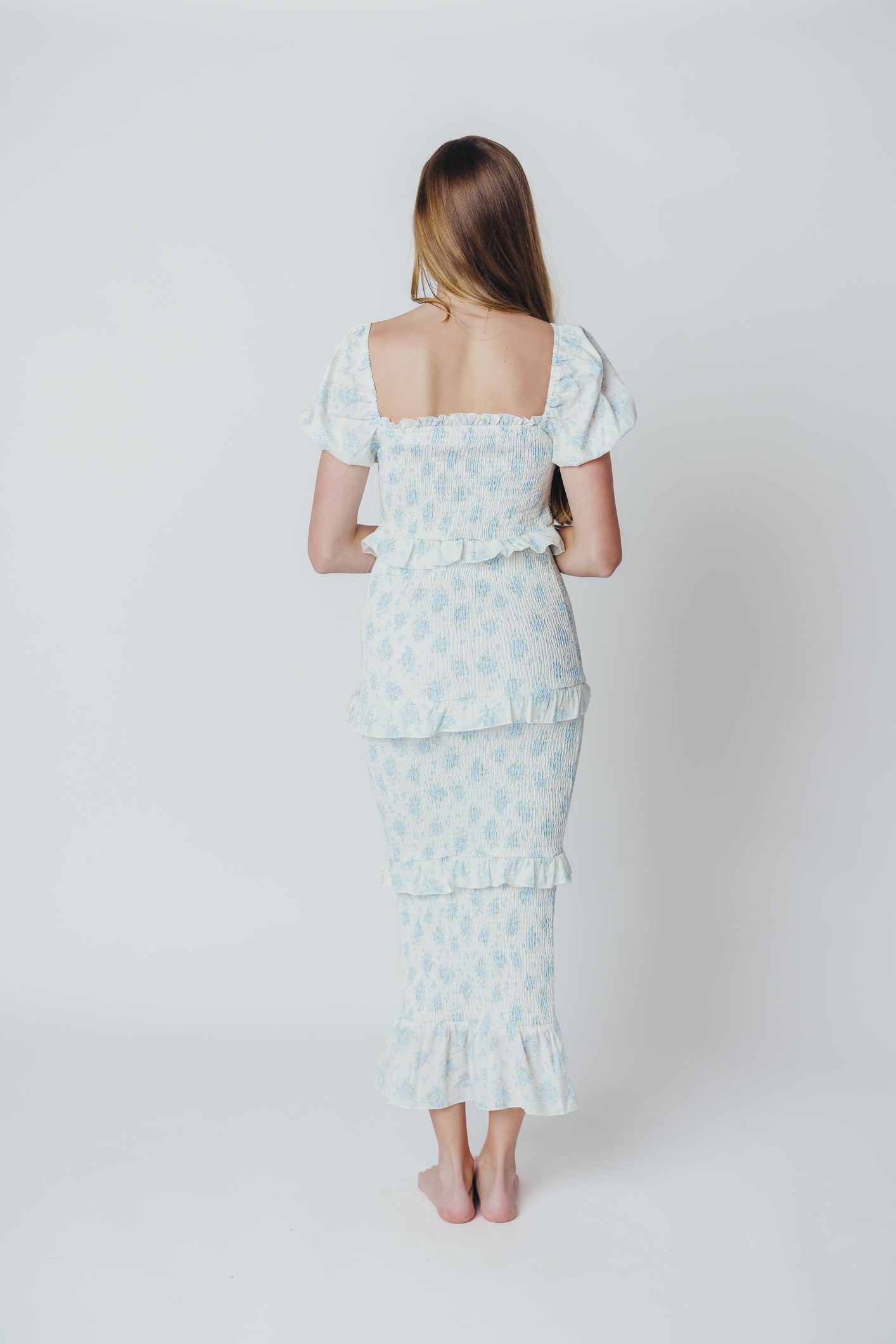 Ada Smocked Dress in Blue Floral - Bump Friendly Maternity Dress with Inclusive Sizing (S-3XL) | Perfect for Baby Showers, Bridal Events & Summer Weddings