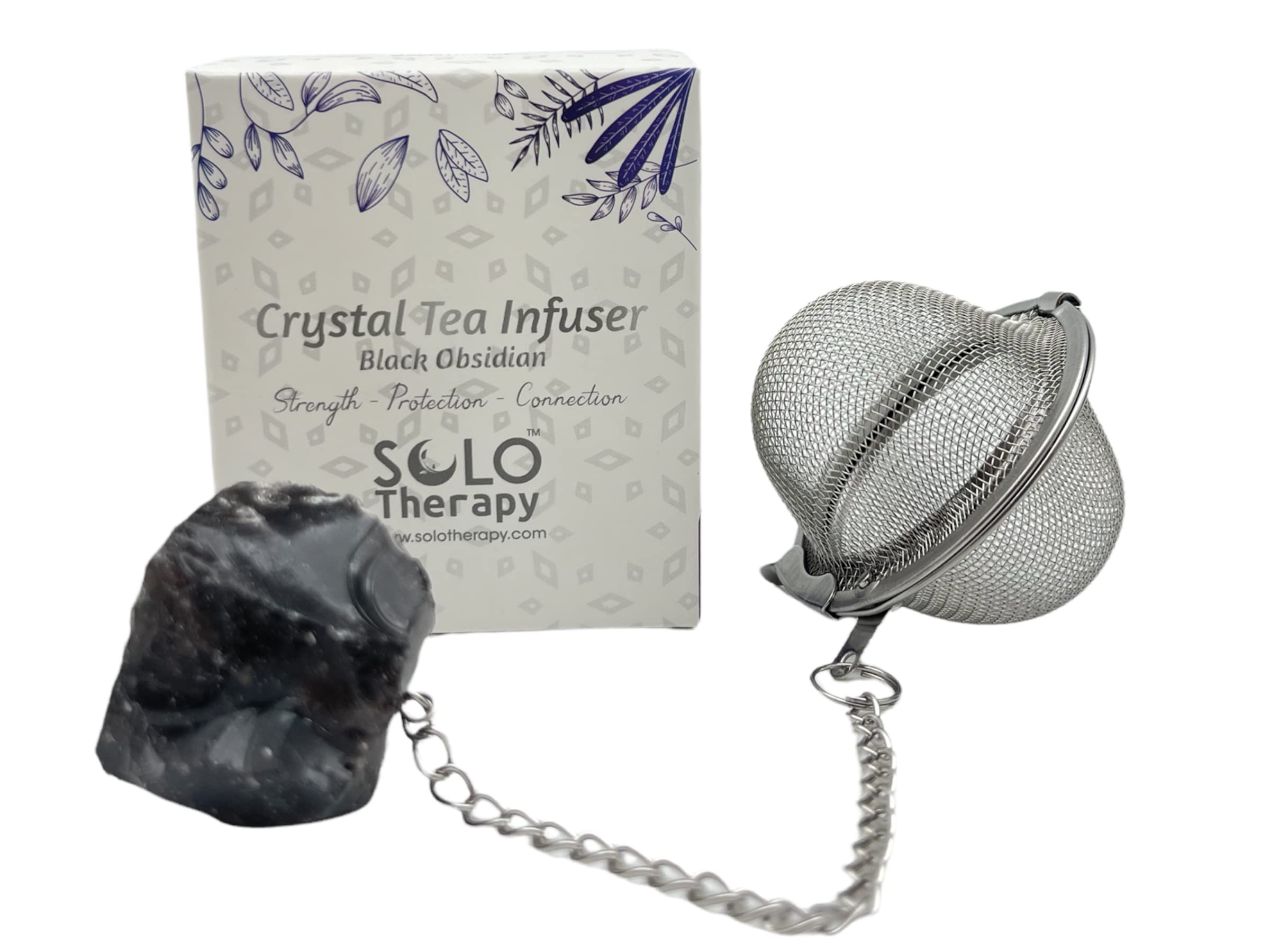 Premium Black Obsidian Crystal Tea Infuser - Stainless Steel Mesh Ball Strainer with Extended Chain Hook for Brewing Fine Loose Leaf Tea - Perfect for Home, Office & Gift Giving