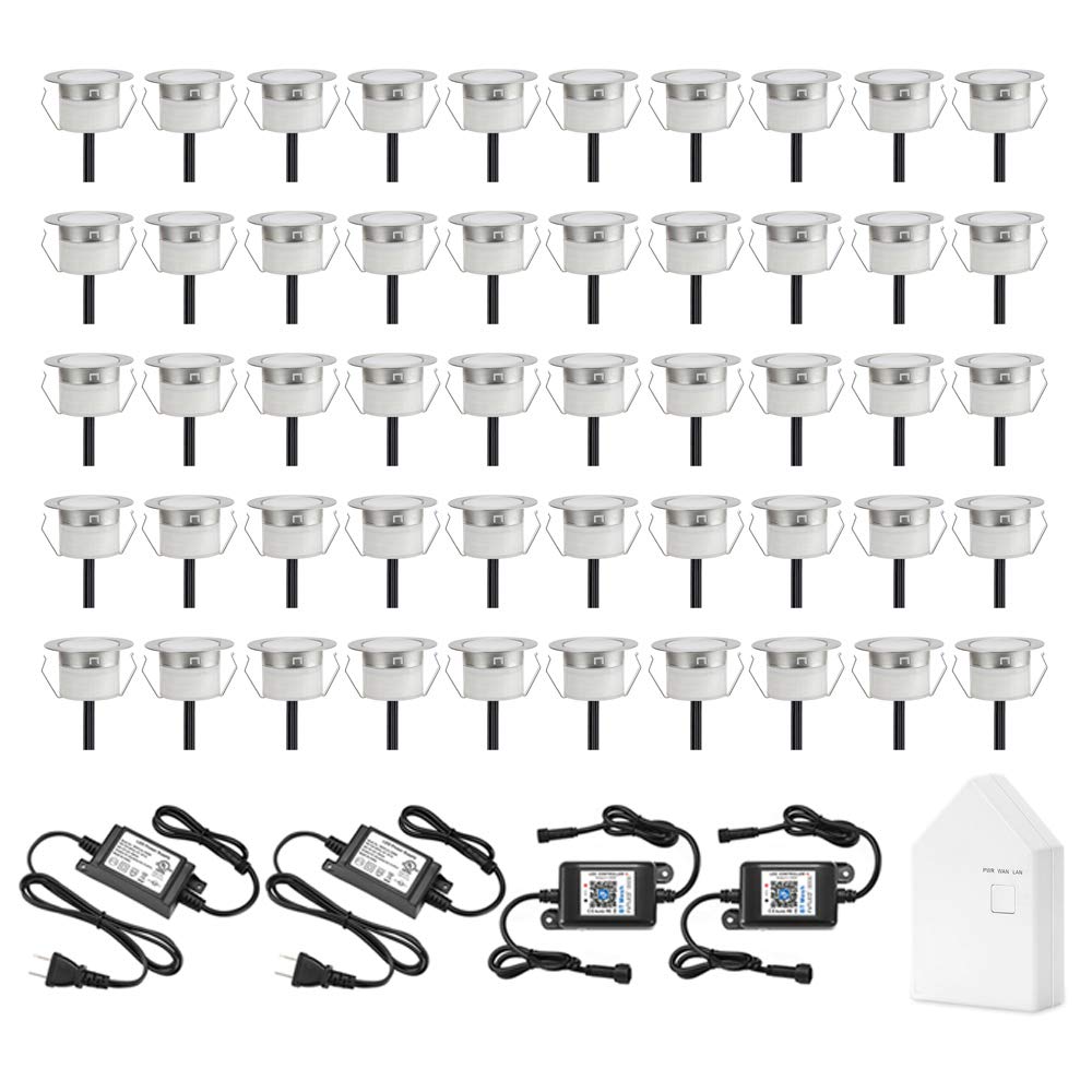 FVTLED 50pcs WiFi & Bluetooth LED Deck Lighting Kit - Warm White Low Voltage Recessed Step Lights, Waterproof Outdoor Yard & Stair Lights, Works with Alexa & Google Assistant - Perfect for Patio, Garden, Pathway, and Poolside Lighting