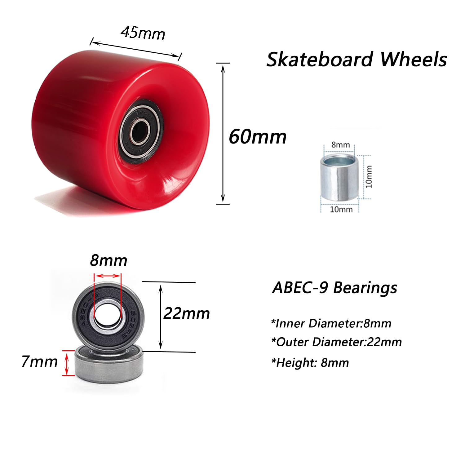 60mm 80A Cruiser Wheels with ABEC-9 Bearings for Skateboards & Penny Boards - Smooth Ride for Commuting