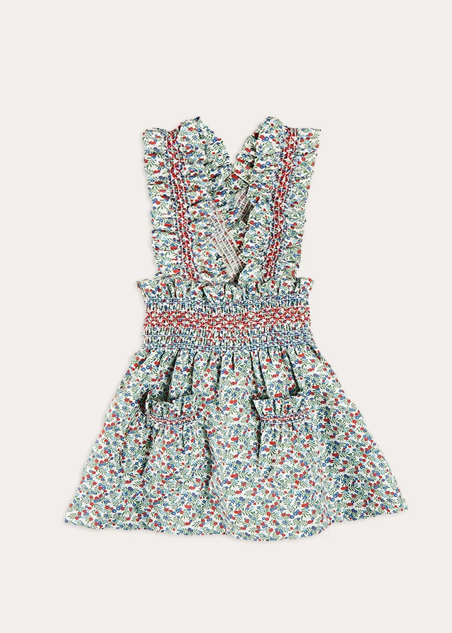 Evelyn Floral Smocked Detail Skirt With Braces - Red Girls' Dress (18 Months to 6 Years) | Perfect for Spring Outfits, Photoshoots & Special Occasions