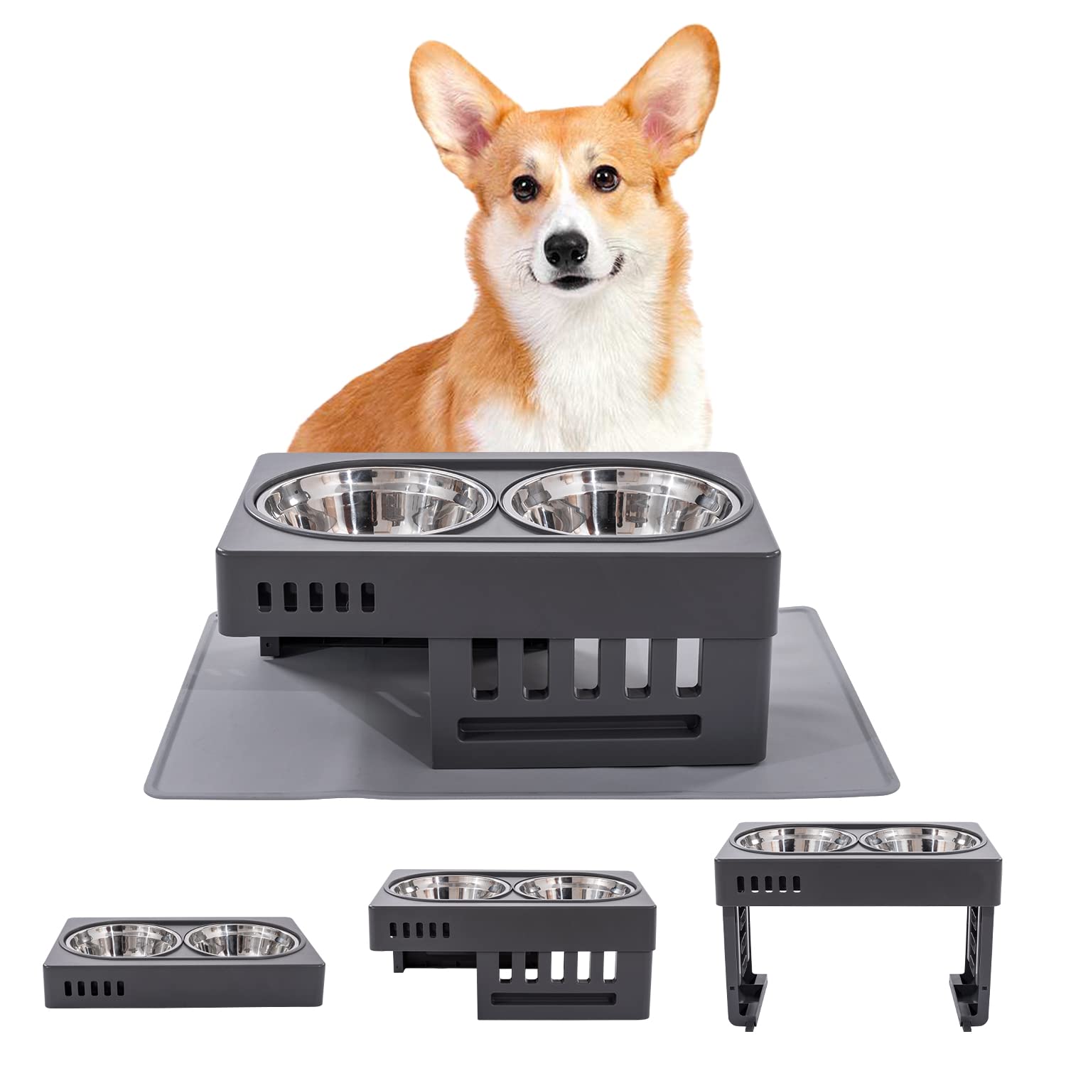 **Jaoul Adjustable Height Raised Dog Bowl Stand with 2 Stainless Steel Bowls - Perfect for Medium Dogs & Growing Puppies - Ideal for Joint Health & Mess-Free Feeding**