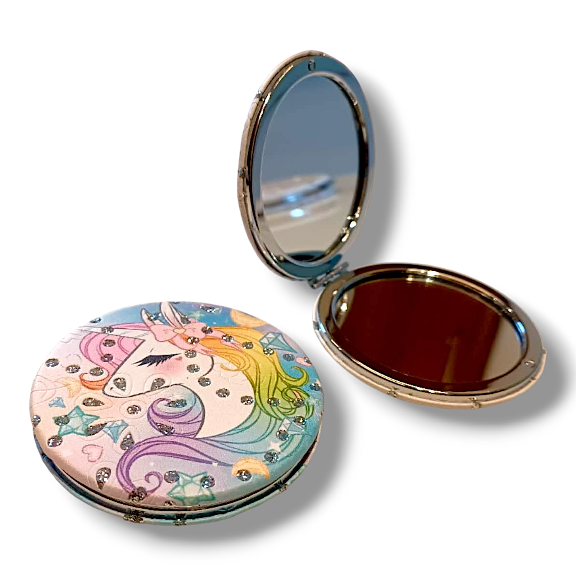 Vitalogy 2X & 1X Magnifying Compact Makeup Mirror for Women - Double Sided Folding Hand Mirror with Unicorn Design, Perfect for Purse, Travel & Home Vanity (Round, Multicolor)