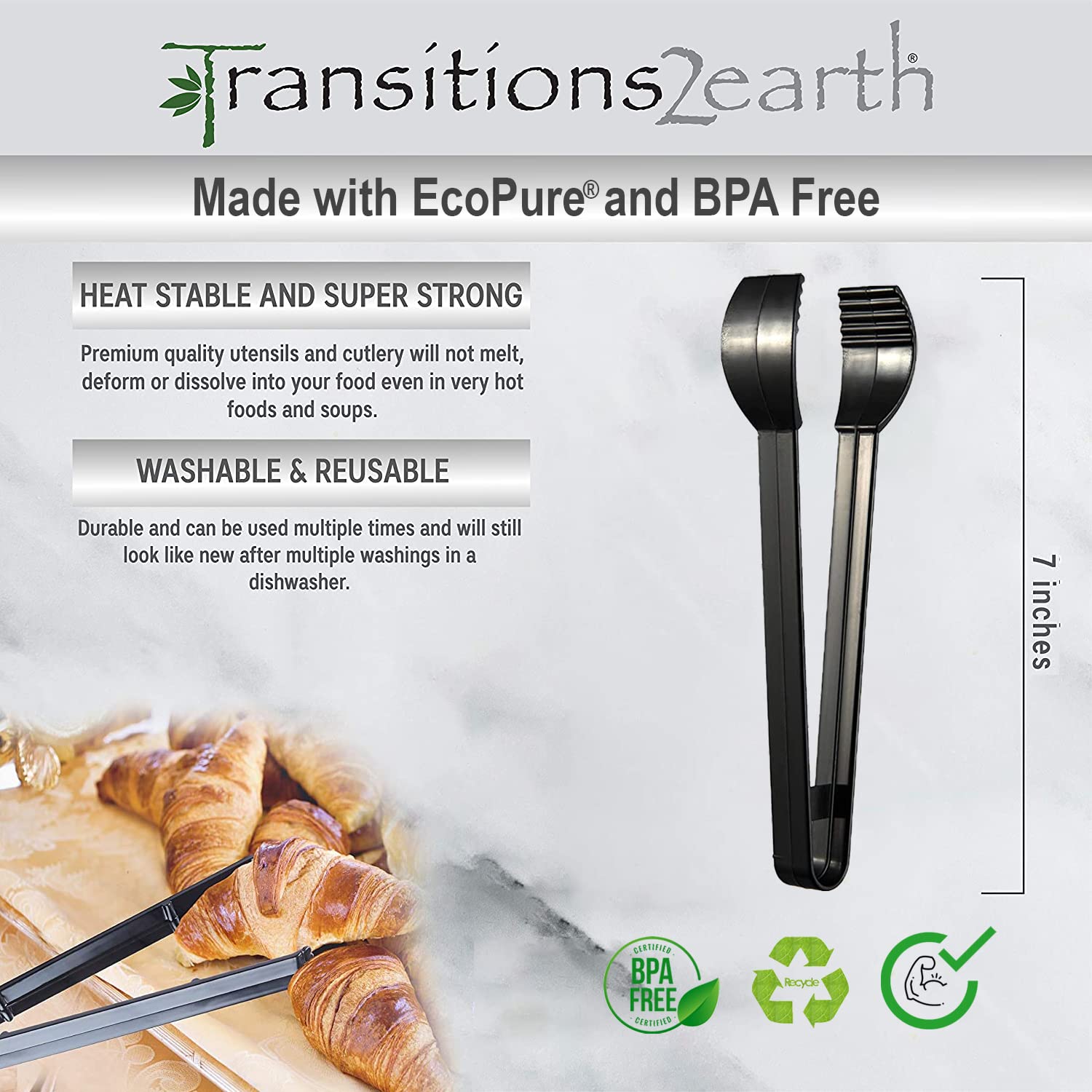 Biodegradable EcoPure Small Tongs - 7 Inch BPA-Free, Heat Resistant, Recyclable Serving Utensils (480 Count) - Perfect for Parties, Picnics, Catering & Eco-Friendly Events