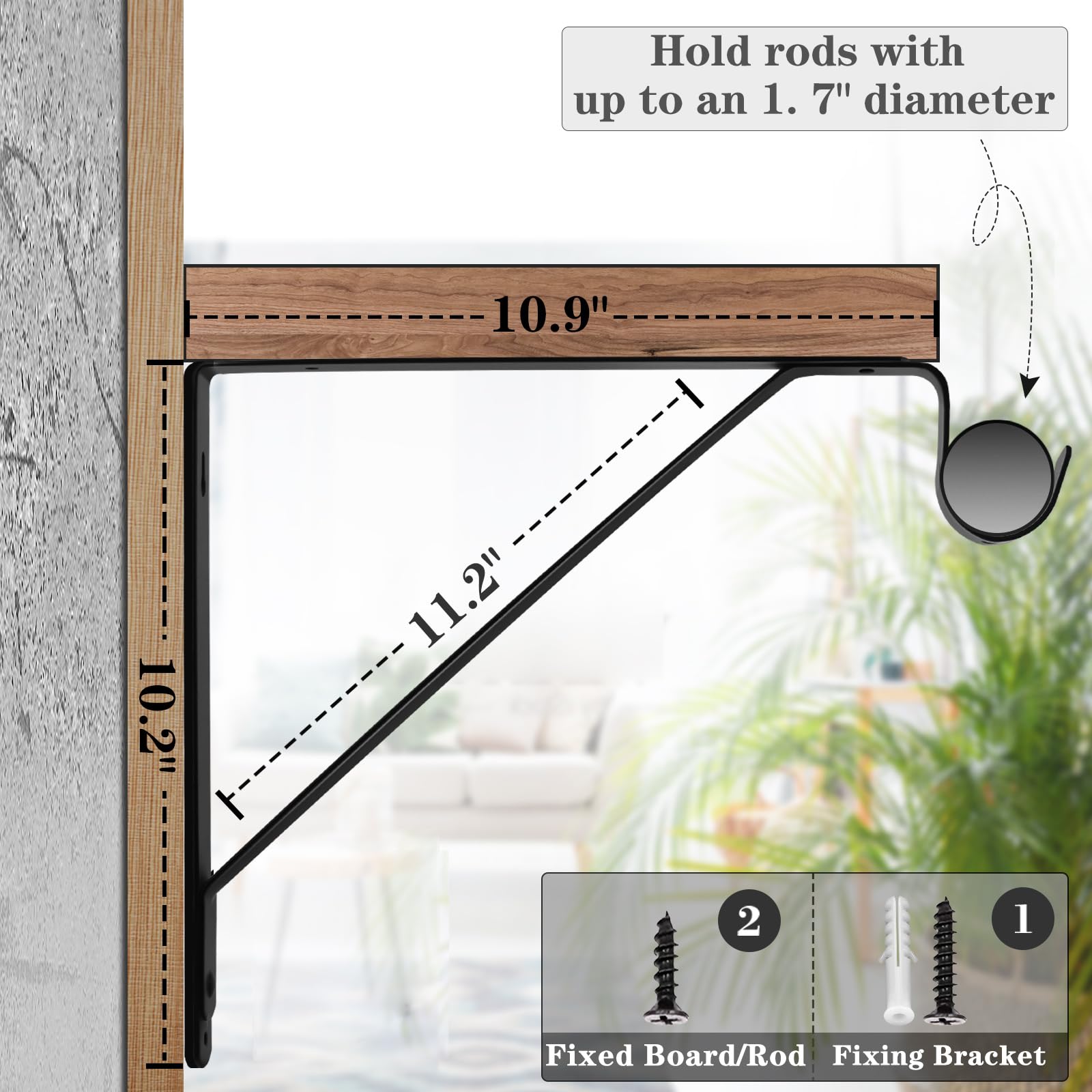 Heavy Duty Closet Rod Bracket - 2 Pack Black Wall Mounted Shelf Bracket with Clothes Hanger Pole Support (10.9x10.2 Inch) - Perfect for Bedroom, Closet Organization & Wardrobe Storage