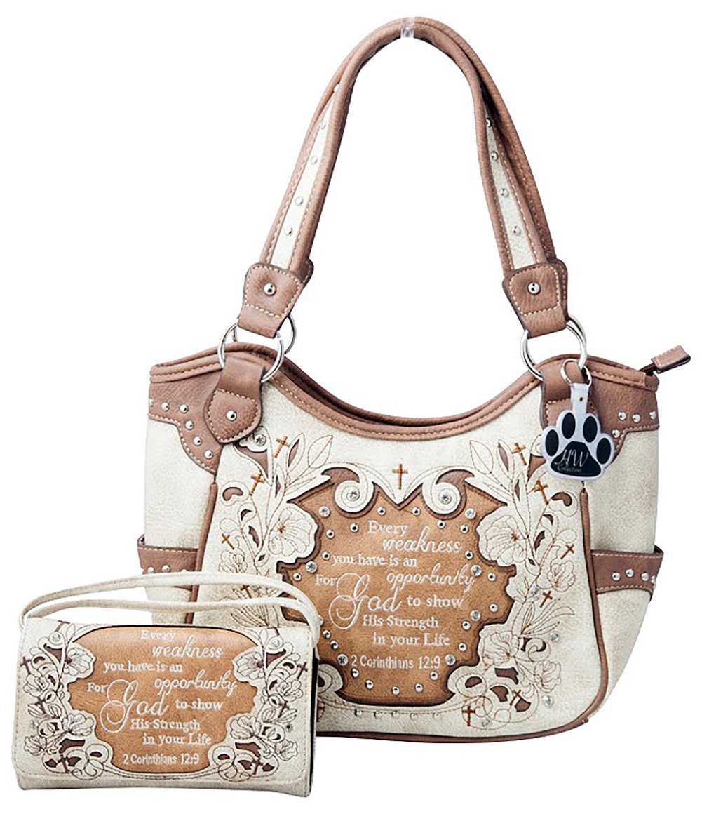 HW Collection Western Style Concealed Carry Purse with Cross & Bible Verse - Handbag & Wallet Set for Church, Travel & Everyday Use
