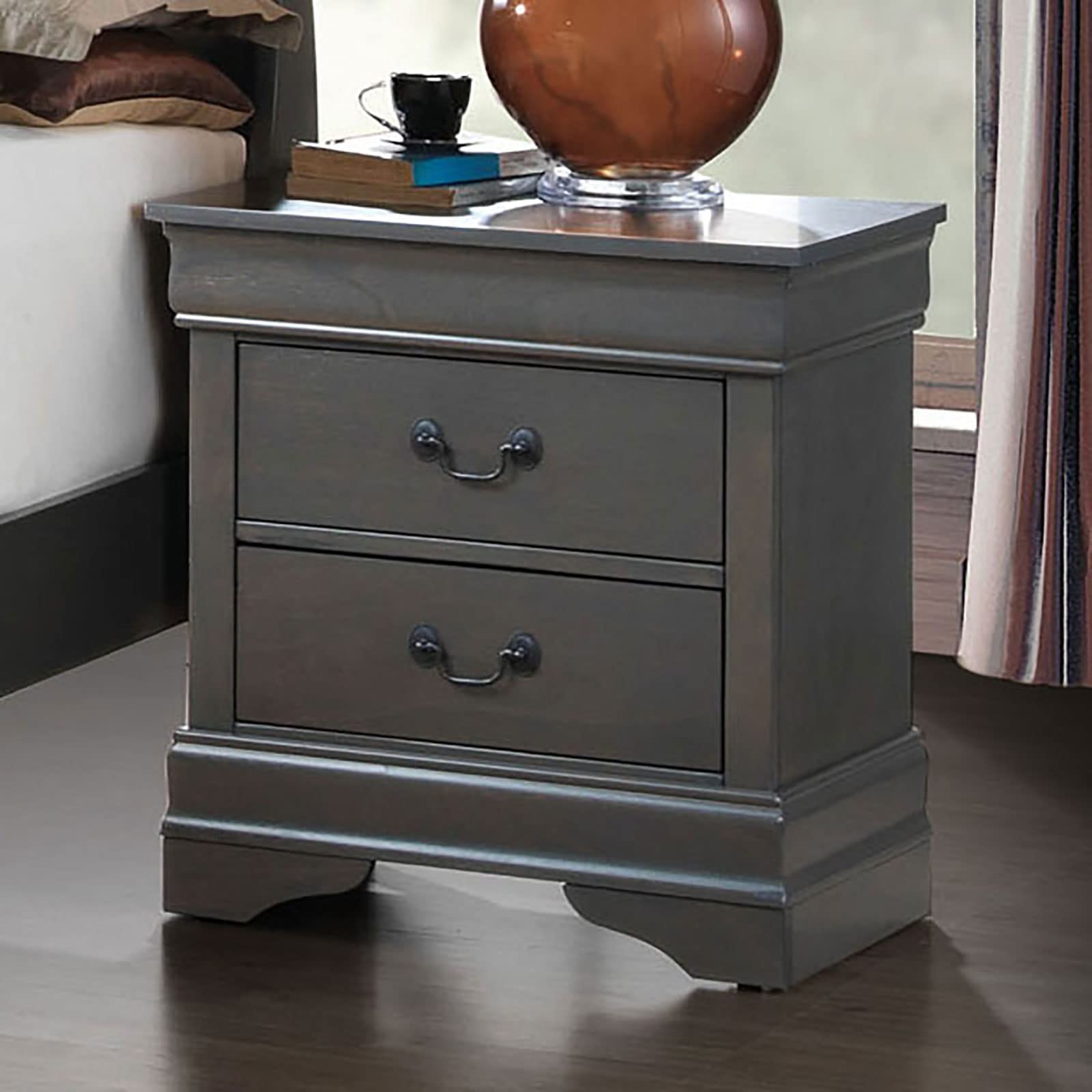 KLMM Classic Vintage Nightstand with 2 Drawers - Solid Wood English Dovetail Construction Bedside Table - Antique Nickel Hanging Pulls (Gray) - Perfect for Bedroom, Living Room & Office Furniture