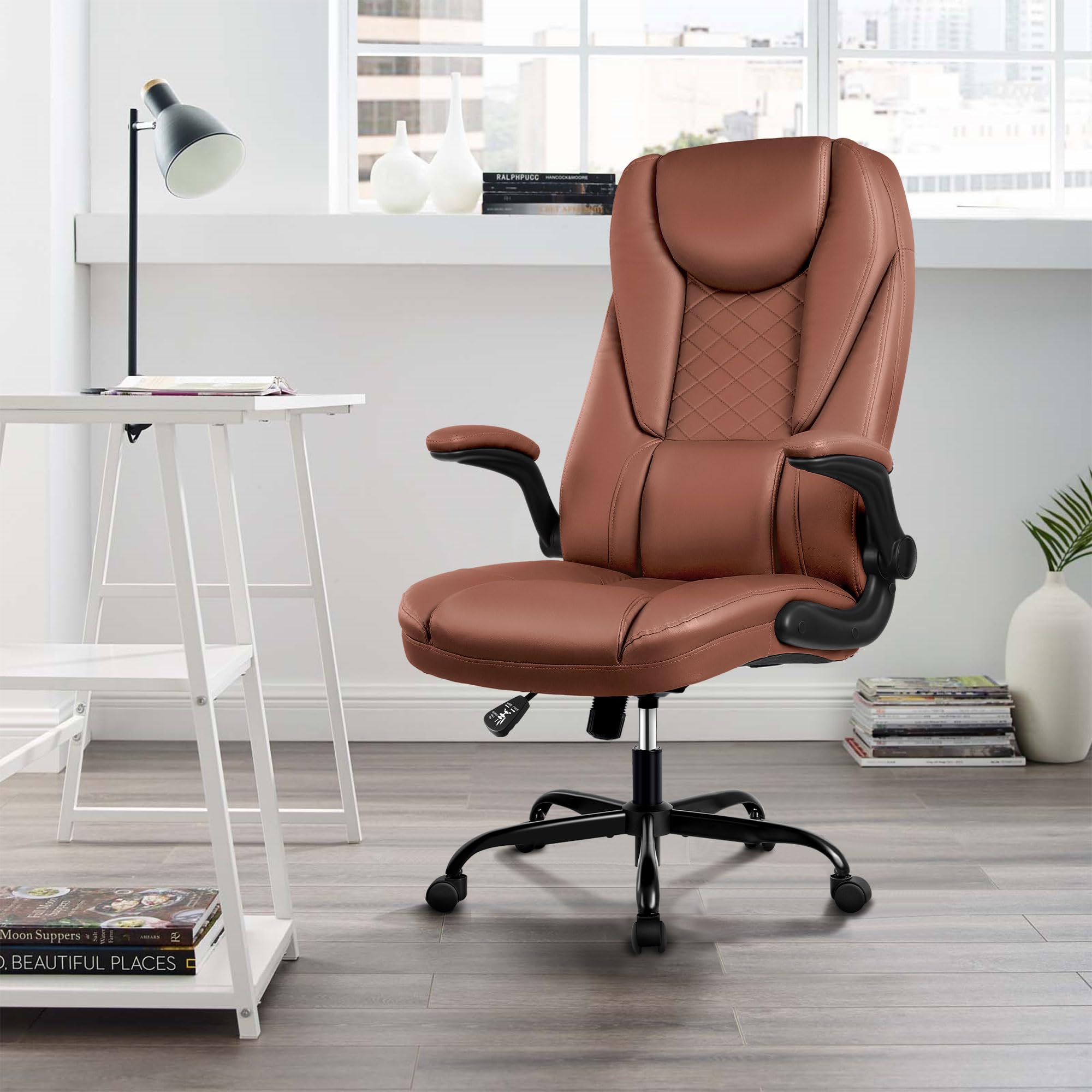 Premium Executive Office Chair - Big and Tall Leather Desk Chair with Flip-Up Arms, High Back & Lumbar Support (Brown) - Ergonomic Comfort for Long Work Hours, Home Office & Conference Rooms