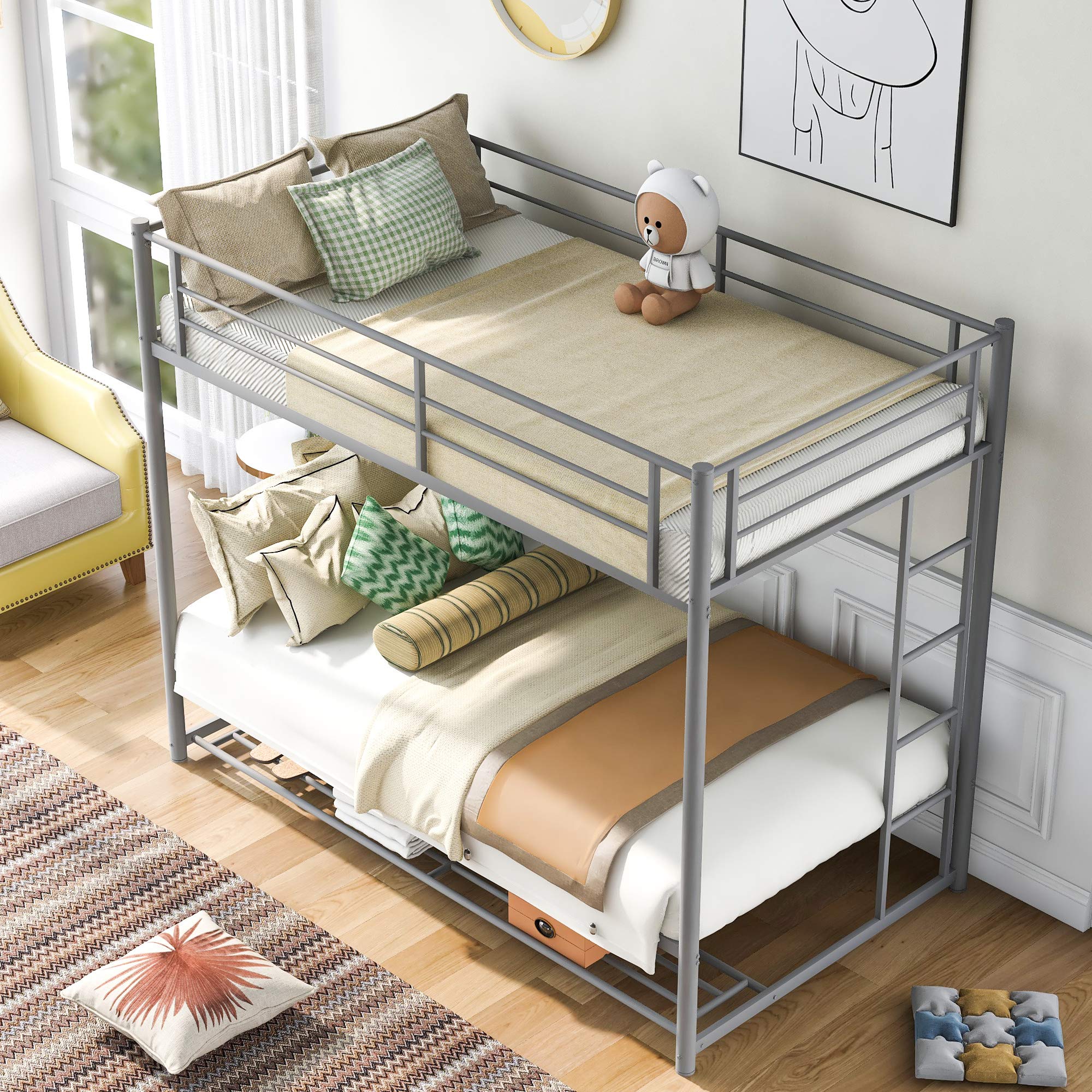 Twin Over Twin Metal Bunk Bed with Storage - Heavy Duty Bed Frame with 2 Ladders & Safety Guardrails for Kids, Teens & Adults - Space Saving Design (Grey) | Perfect for Small Bedrooms, Guest Rooms & Kids' Shared Spaces