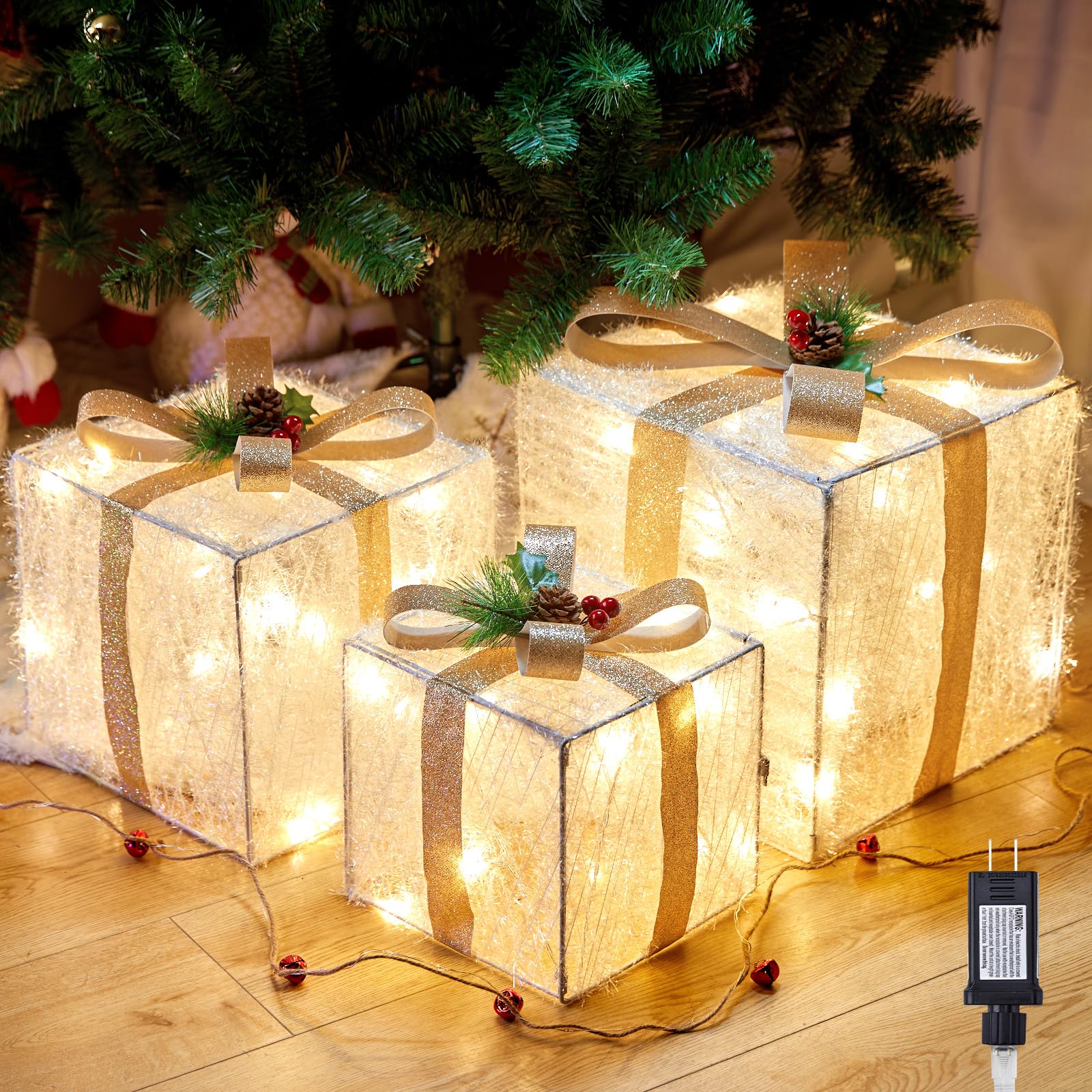 3-Piece Lighted Christmas Gift Box Set with 60 Pre-Strung Mini Lights - 12in, 10in, 8in Foldable Illuminated Present Boxes for Indoor Outdoor Holiday Decorations - Perfect for Home, Yard, Party & Christmas Tree Decor