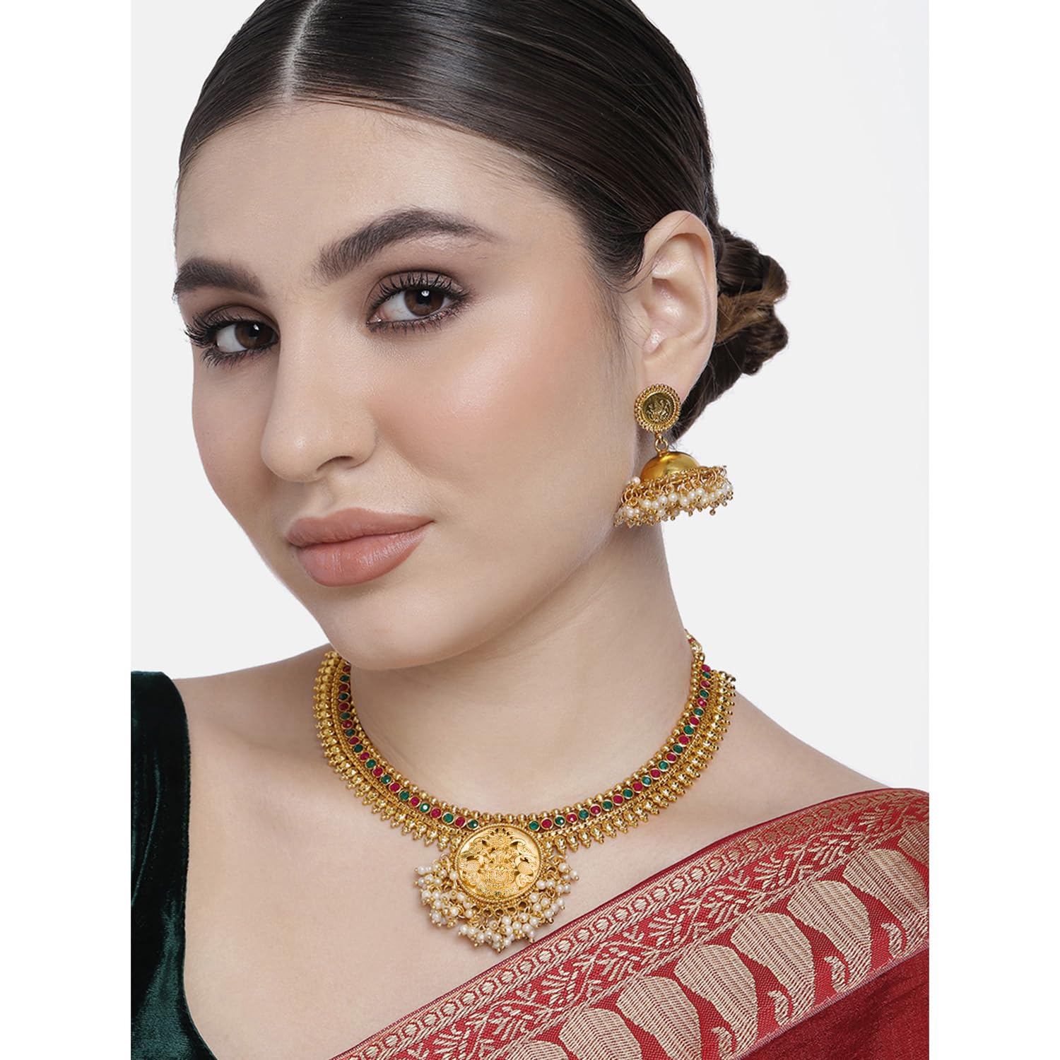Authentic Indian Traditional Temple Necklace & Jhumka Dangle Earrings Set - Faux Stone Bollywood Jewelry for Women | Perfect for Weddings, Festivals & Special Occasions