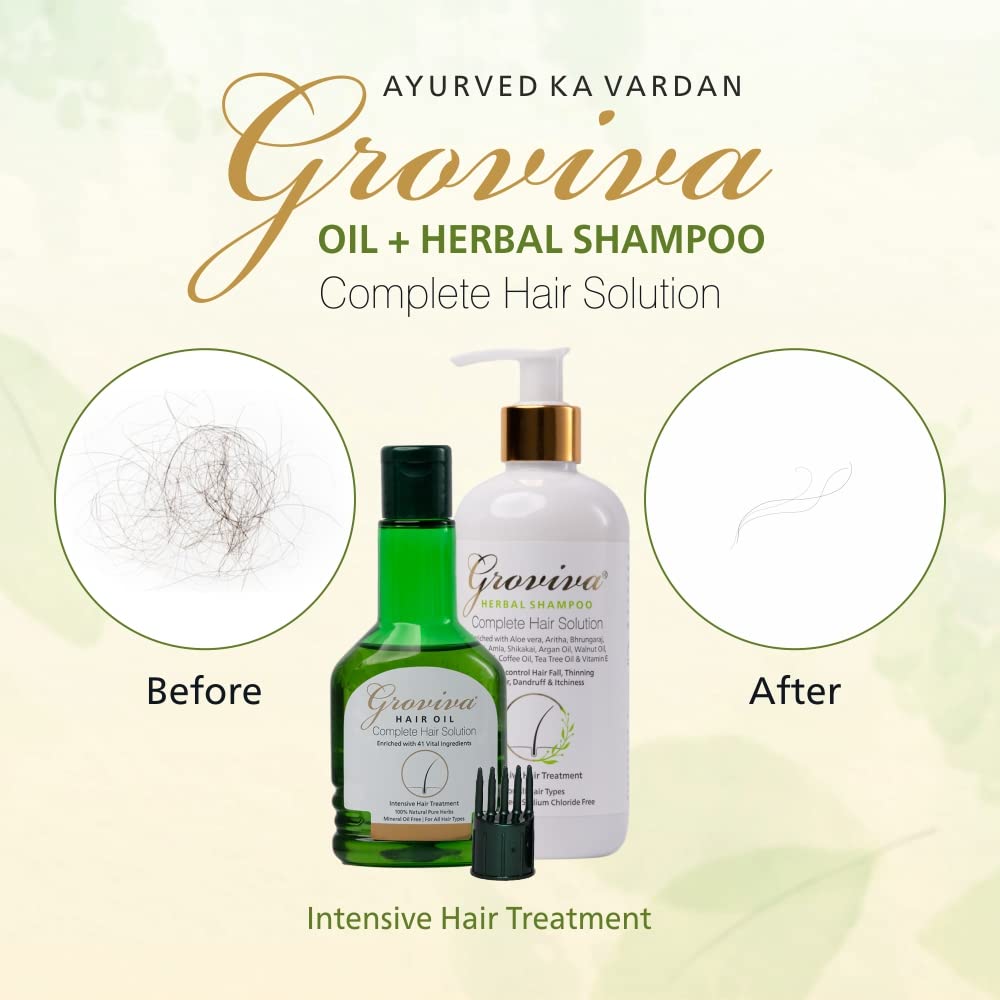 Groviva Ayurvedic Hair Oil 100ml with Free Shampoo | Natural Hair Growth Treatment for Hair Fall & Dandruff Control | Complete Hair Care Solution | Perfect for Daily Use, Scalp Massage & Damaged Hair Repair