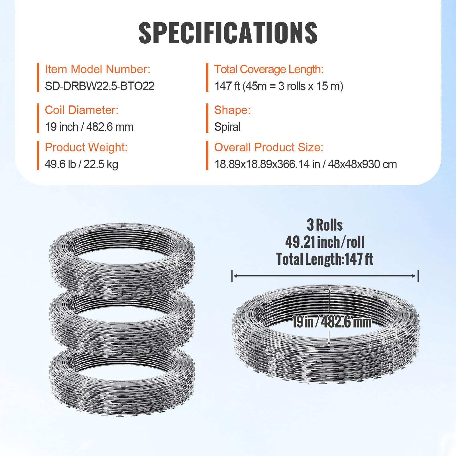 VEVOR 147 ft Galvanized Razor Barbed Wire - 3 Rolls Double Spiral Razor Ribbon Fencing for Security, Garden Protection & Perimeter Defense | Heavy Duty Galvanized Steel Wire for Home, Farm & Commercial Use