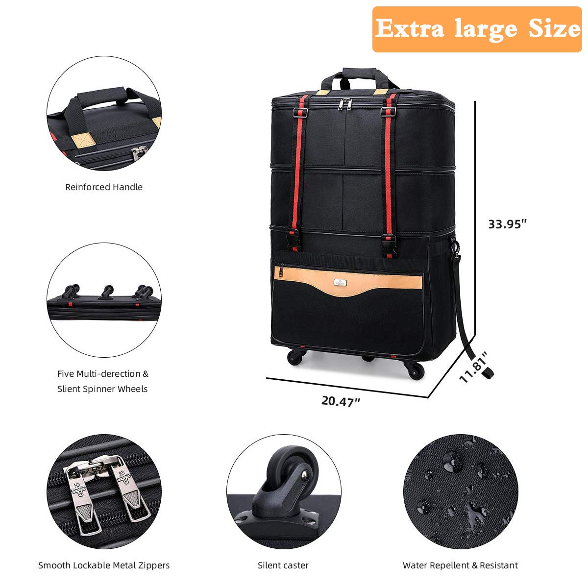 Ailouis 32 Inch Expandable Lightweight Rolling Duffel Bag with Wheels - Carry On Luggage for Travel, Foldable Suitcase Perfect for Airplane, Business Trips & Weekend Getaways