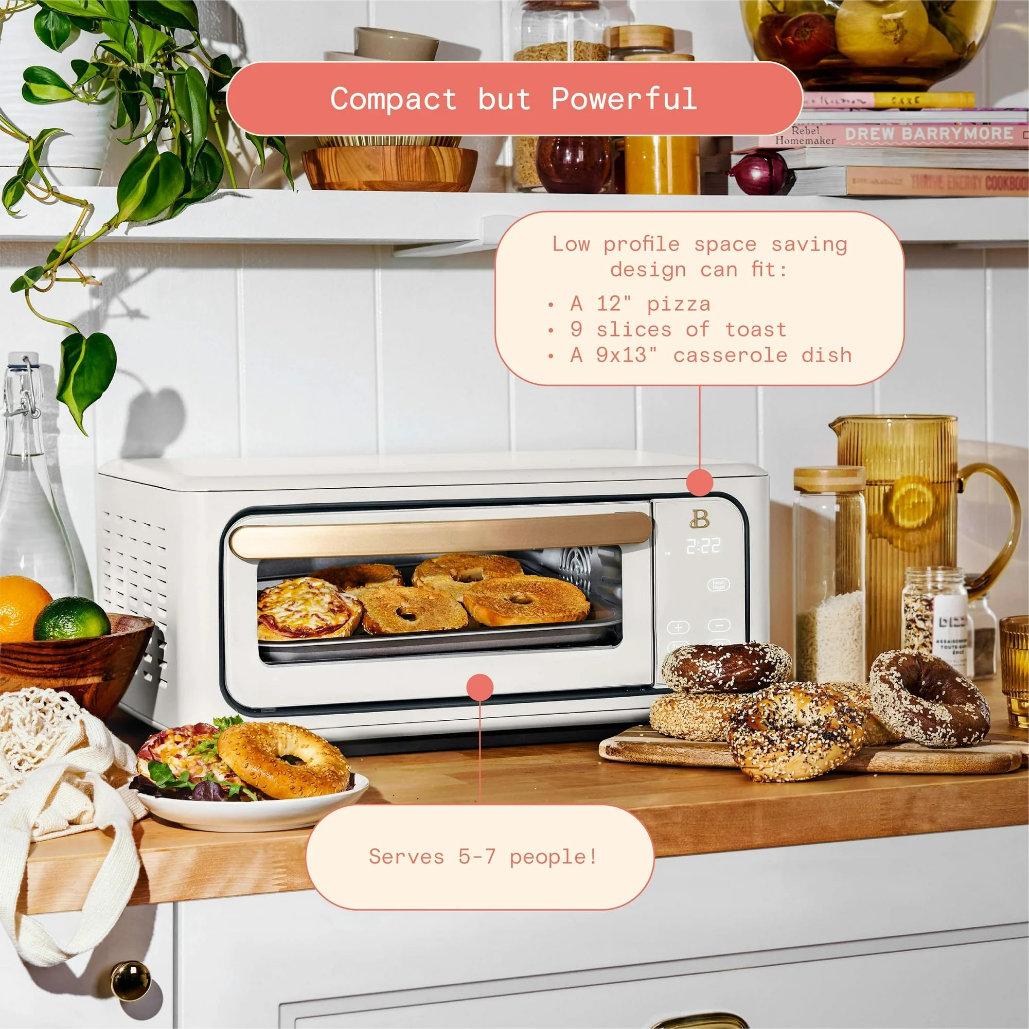 Drew Barrymore 9-Slice Infrared Air Fryer Toaster Oven - 1800W Digital Convection Oven with 10 Preset Functions & LCD Display (White) - Perfect for Baking, Roasting, Air Frying & Family Cooking