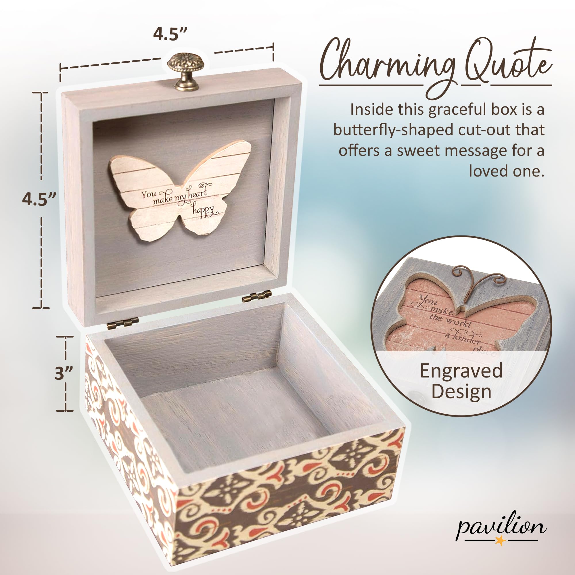 Pavilion 'Simple Spirits Butterfly' 41102 - Wooden Hinged Keepsake Box with Elegant Pattern & Printed Message - Perfect Gift for Friends & Loved Ones - Jewelry Organizer, Cosmetic Storage & Trinket Holder for Bedroom, Bathroom & Dresser Decor