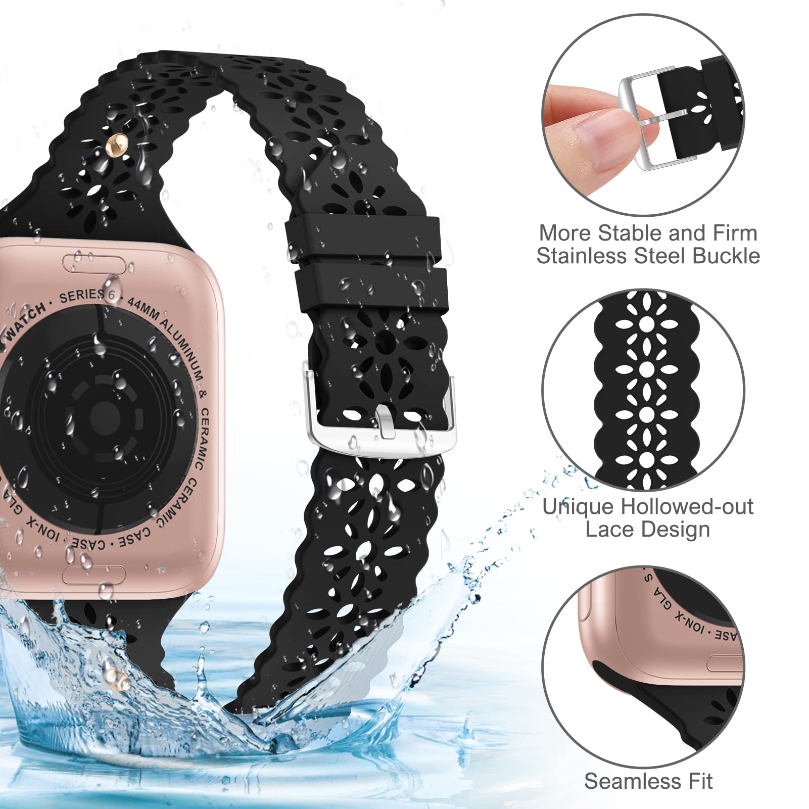 Elegant Lace Silicone Apple Watch Band with Charms - Compatible with 38mm 40mm 41mm 42mm 44mm 45mm iWatch Series 7/6/SE/5/4/3/2/1 - Stylish Slim Sport Band for Women - Perfect for Workouts, Office Wear & Everyday Fashion Accessories