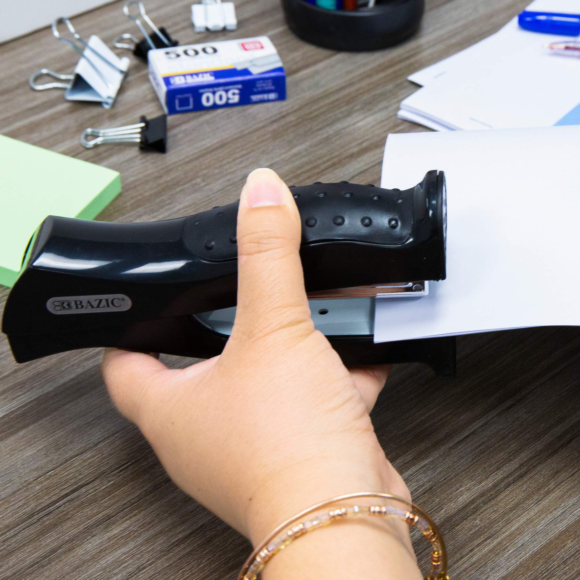 BAZIC Heavy Duty Stand-Up Stapler with 500 Staples, Full Strip Size Standard 26/6, Black Office Stapler for Home, School & Business - 12-Pack Bulk Set for Paperwork, Filing & Document Organization