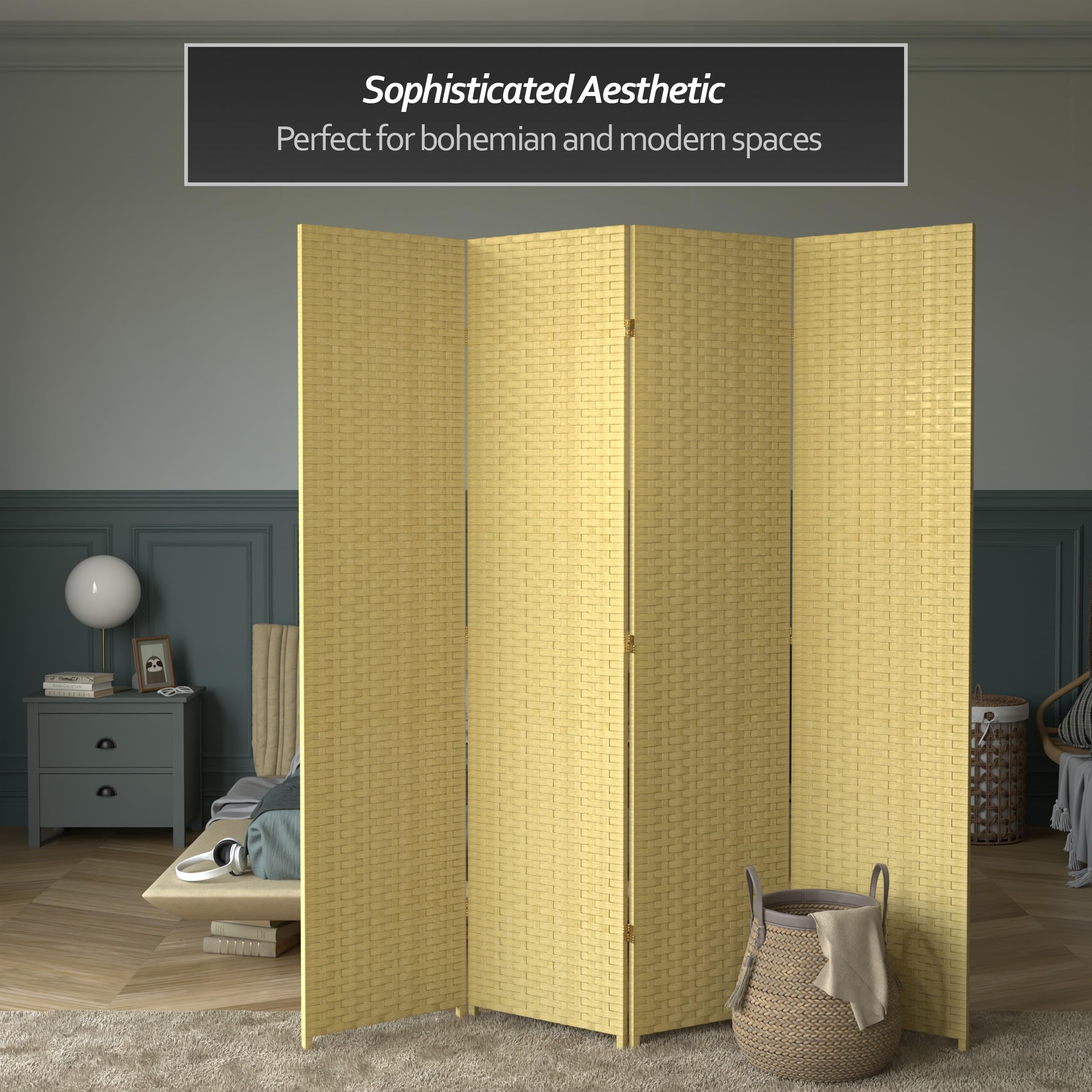 7 ft Tall Red Lantern Woven Fiber Room Divider - Dark Beige 4-Panel Folding Screen for Home Decor, Office Partition & Asian-Themed Spaces