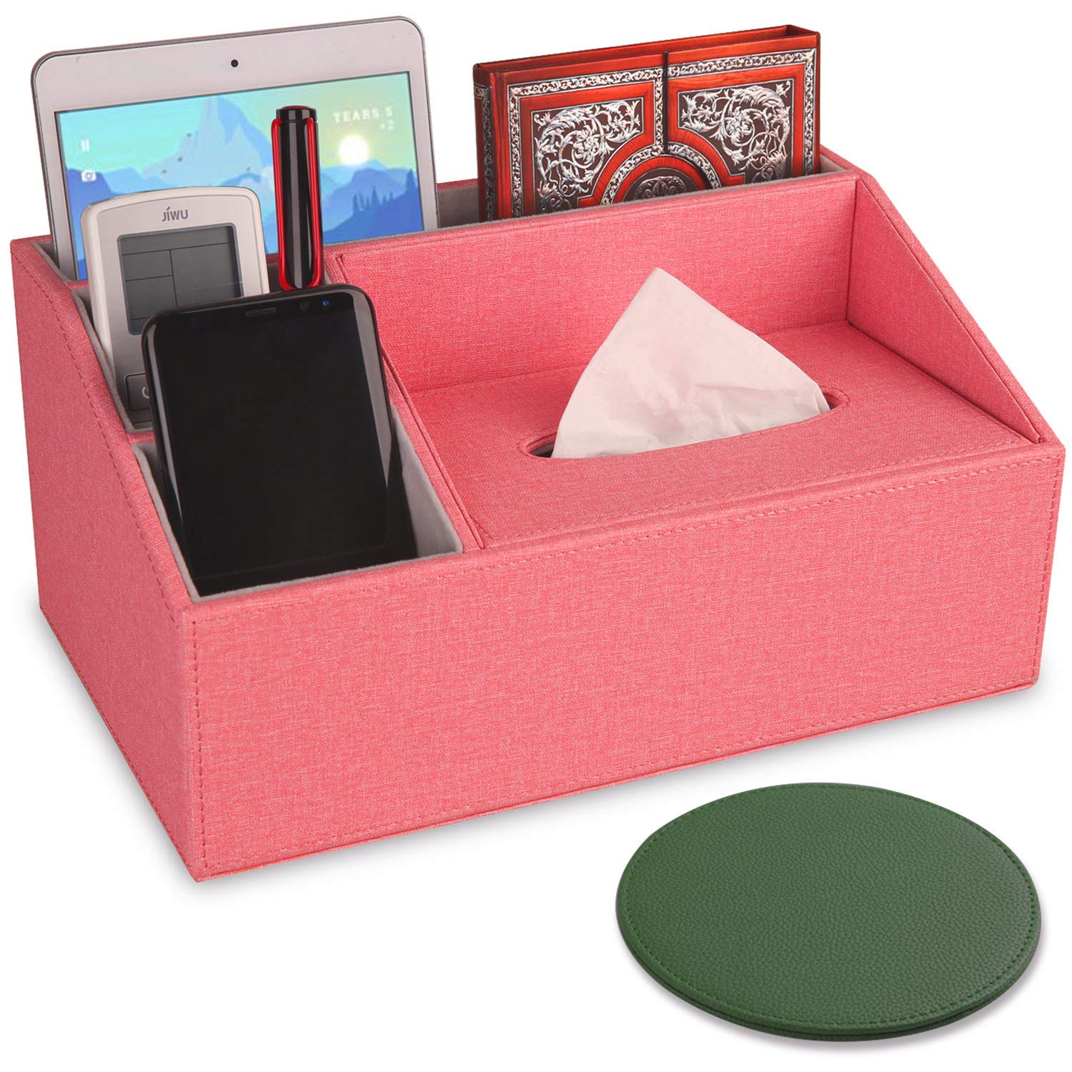 Premium Handmade Leather Desk Organizer with Tissue Box - 4 Compartments Large Capacity Office & Home Storage (Rose) - Perfect for Workspace Organization, Office Desks & Home Decor